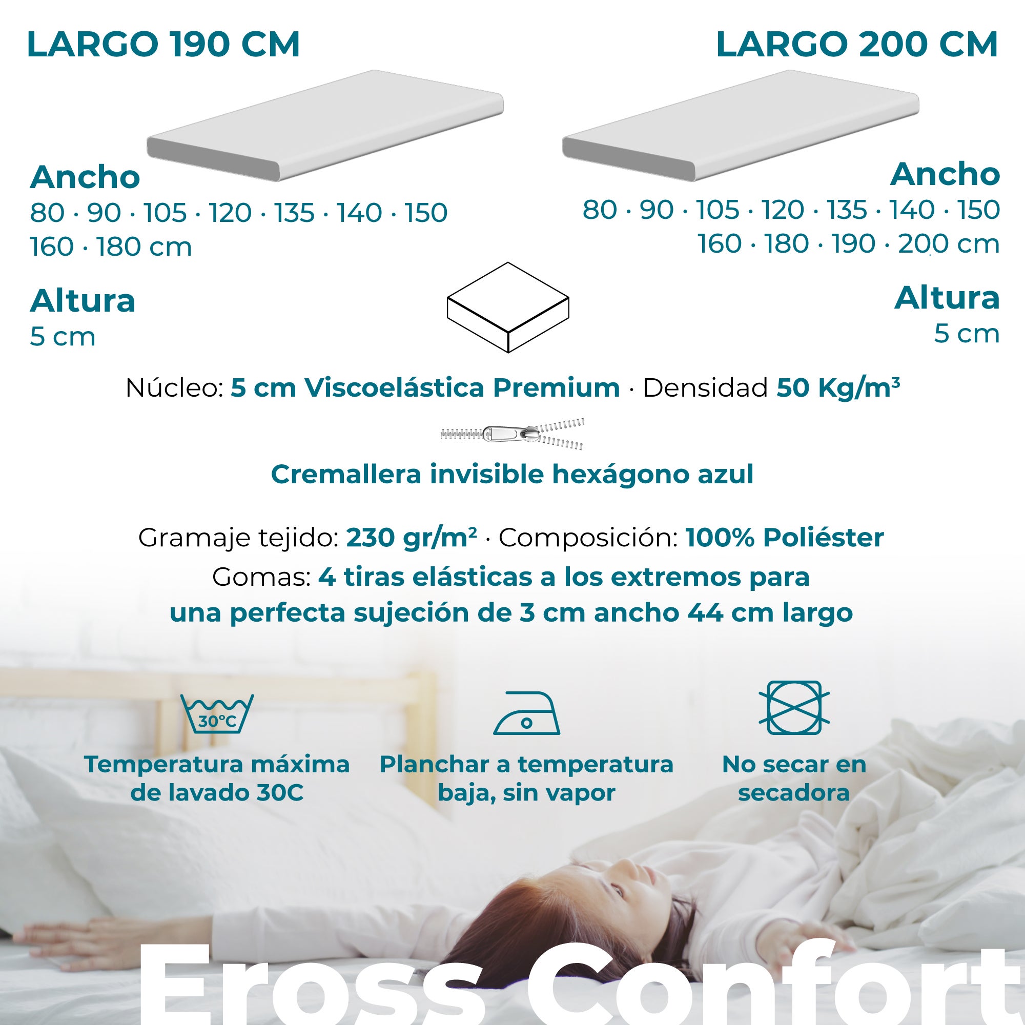 Topper Viscoelastico cama de 180x190 Núcleo 100% Viscoelástica Premium. Desenfundable, Cremallera Oculta y Lavable. Altura 5 cm - 5