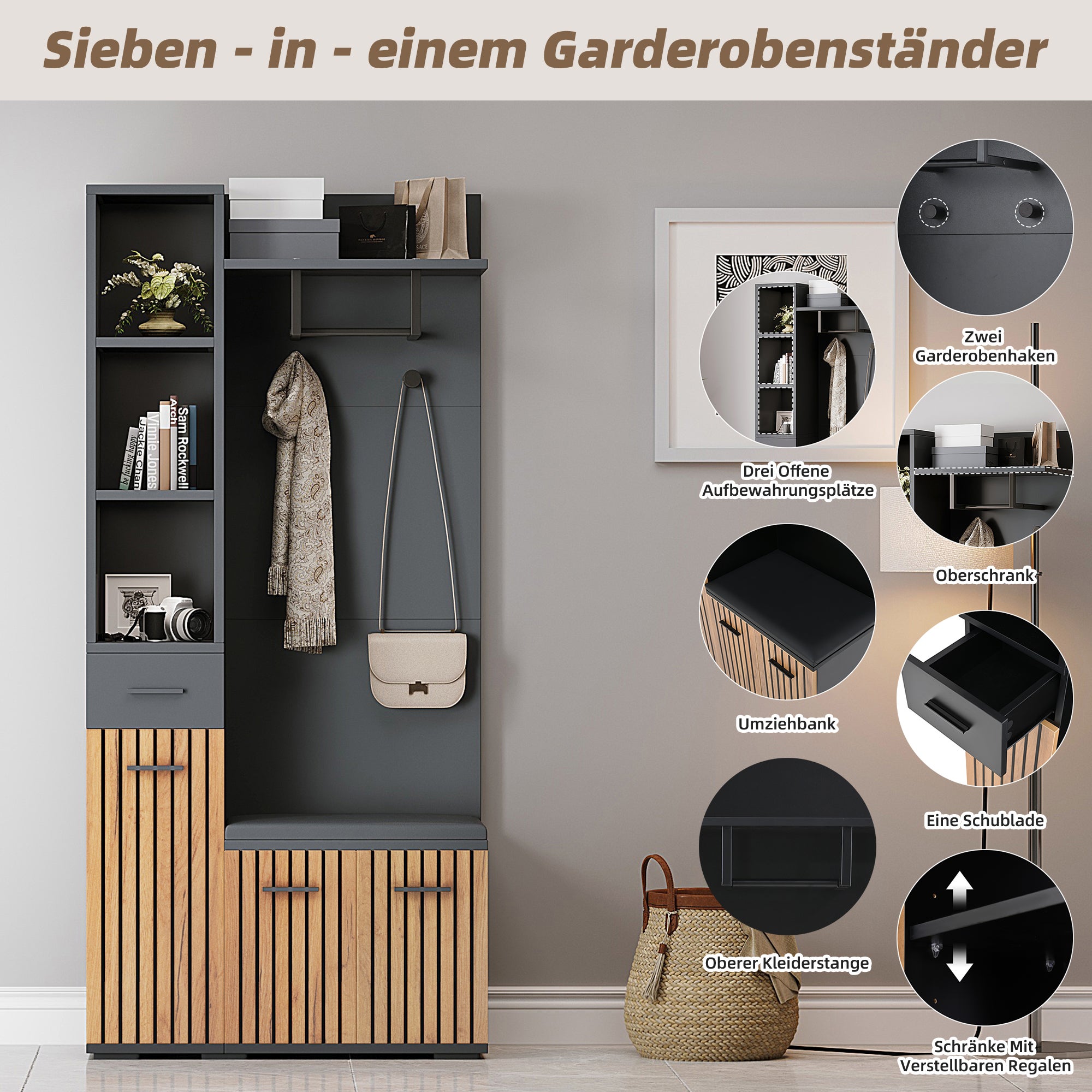 Ensemble meuble à chaussures avec 3 portes, banc à chaussures et porte-manteau - 80 x 35 x 175 cm - Panneau de particules - Noir + naturel - 8