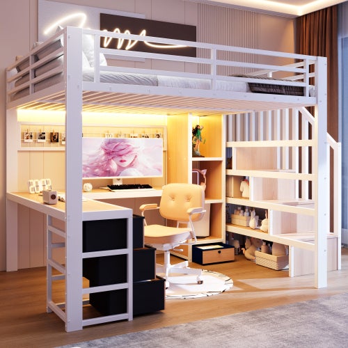 Lit mezzanine 140 x 200 cm avec bureau intégré, Lit adulte structure en fer avec penderie LED, 4 tiroirs et escalier de rangement, sans matelas, Blanc - 6