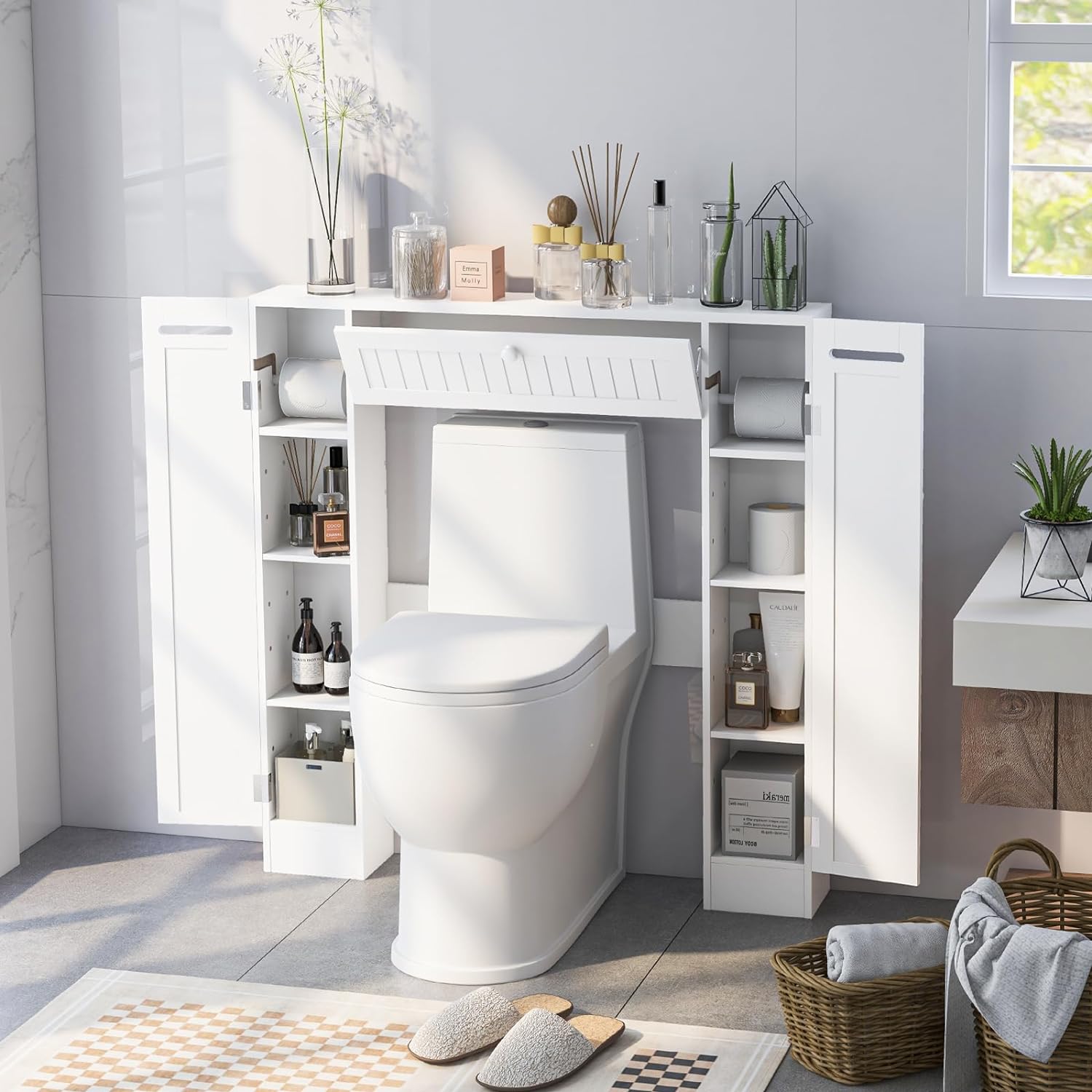 Mobile Sopra WC, Mobile per Bagno con Ripiani Regolabili Portarotolo per Carta Igienica e Anta Ribaltabile, Ideale per Bagno Lavanderia, 89x19 - 5
