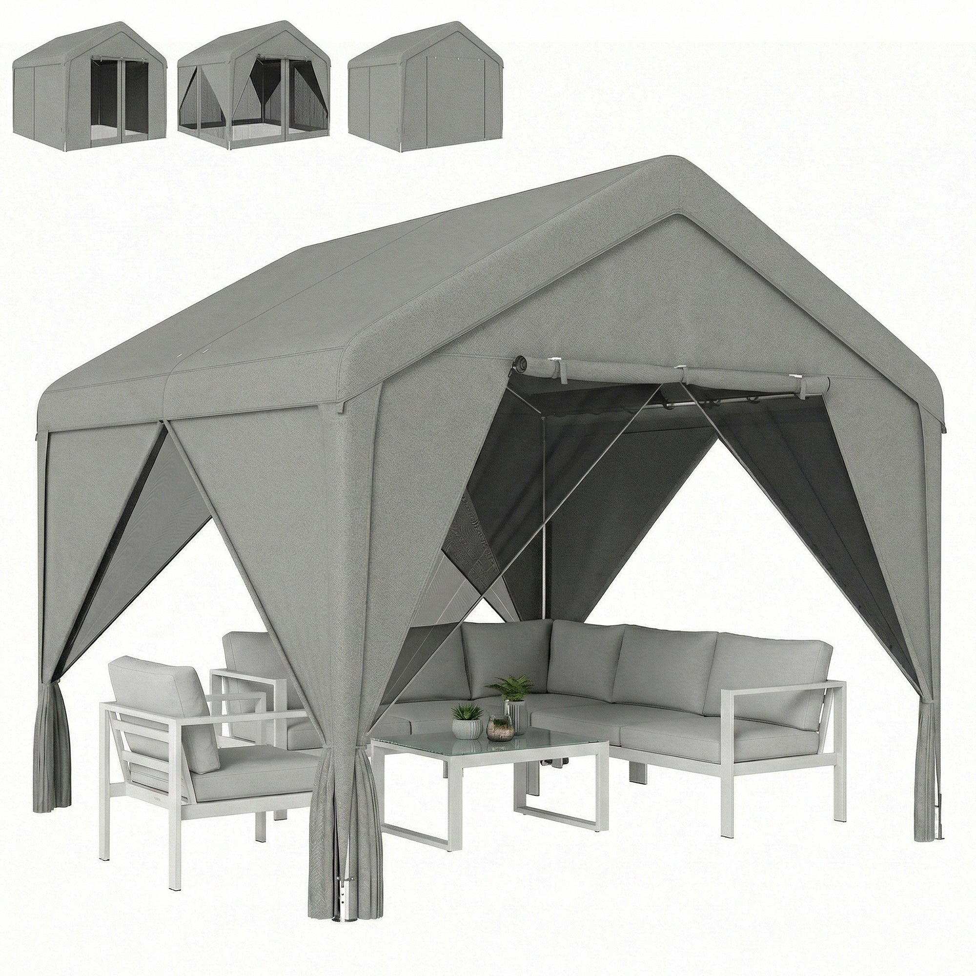 Altana ogrodowa pergola, wodoodporna, solidna ocynkowana konstrukcja stalowa z szarym, dwuspadowym dachem o wymiarach 3x3 m