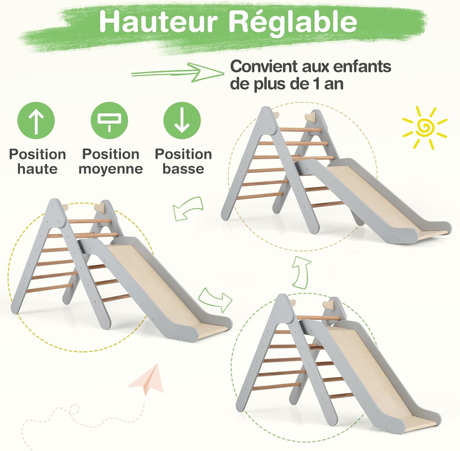 2 en 1 Triangle d'escalade Montessori Enfant avec Toboggan, Echelle d’Escalade en Bois avec Hauteur Réglable,Charge 60kg pour Enfants de 1 an+ - 3