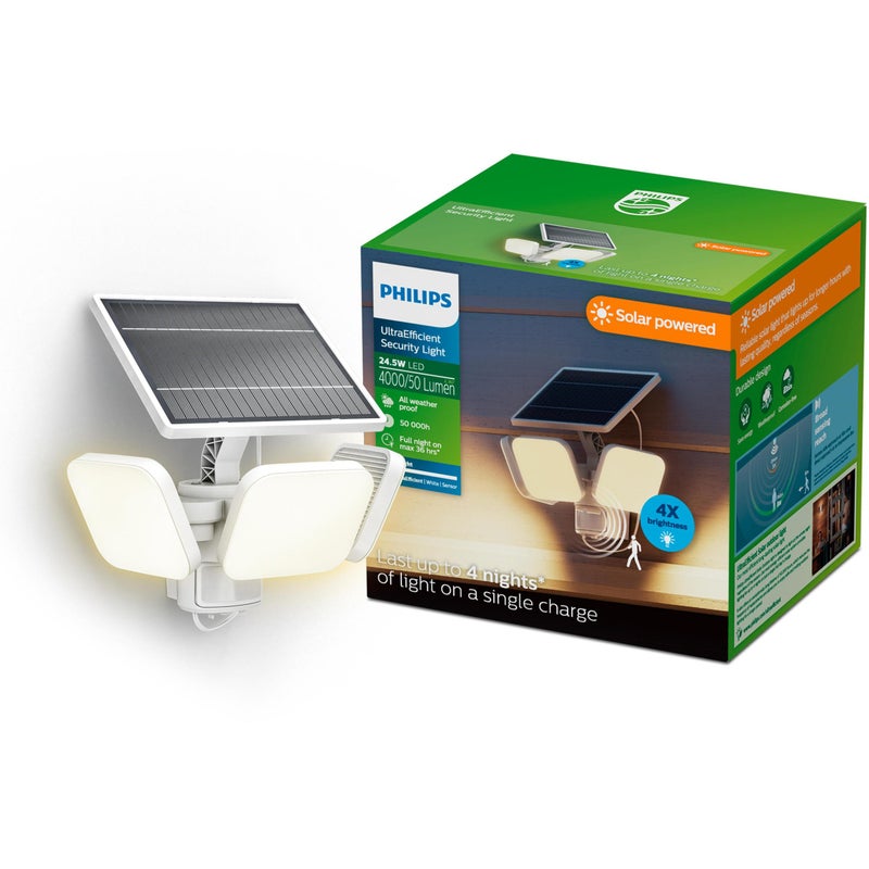 Lampa Solarna Naświetlacz Solarny 24.5W 4000lm 3000K Ciepła IP65 Biały z Czujnikiem Ruchu UltraEfficient Zyren Philips