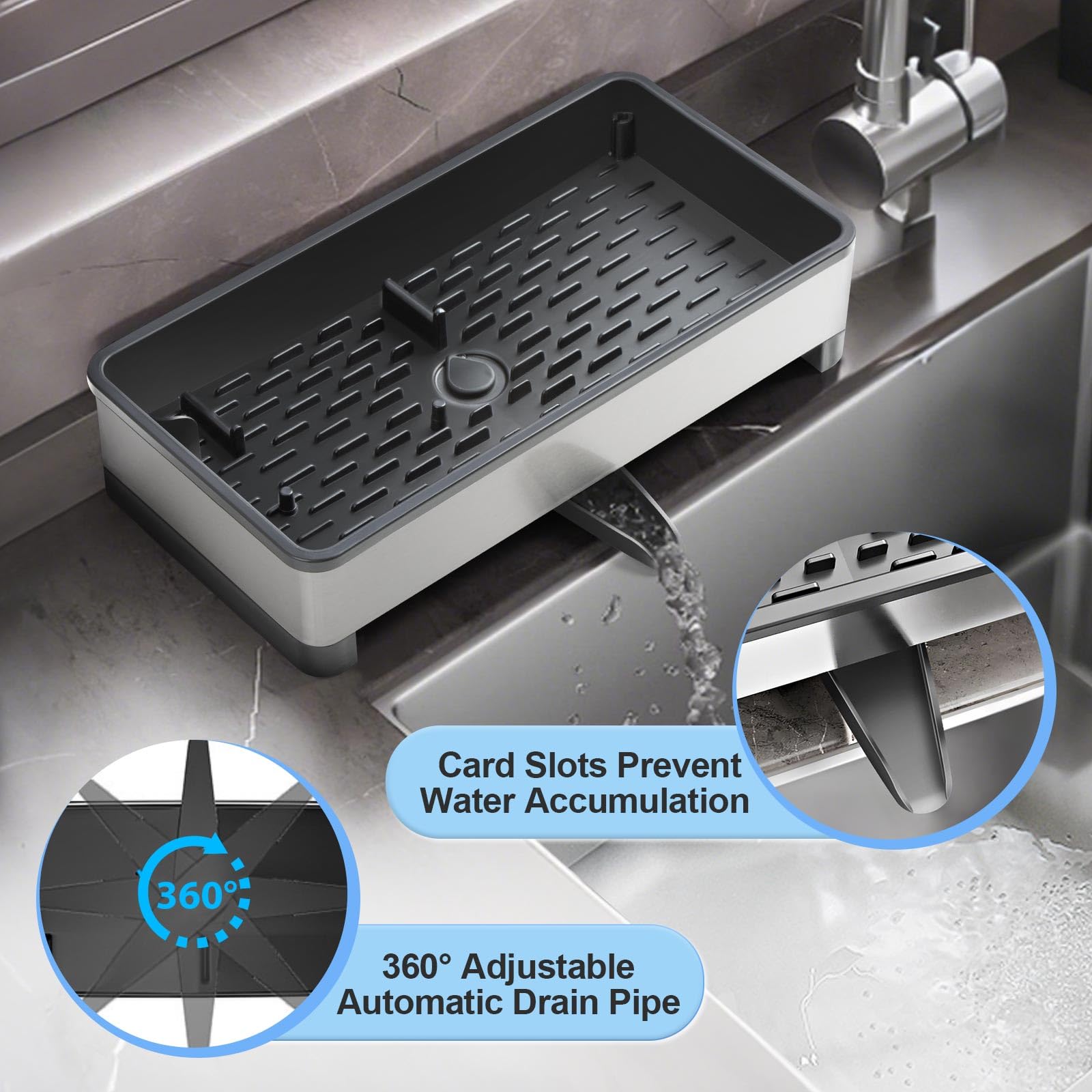 Porte Eponge Evier Cuisine, Rangement Cuisine, Noir Égouttoir INOX & PP, Organisateur Evier, Support Eponge Evier Cuisine Multifonction avec Drainage - 4