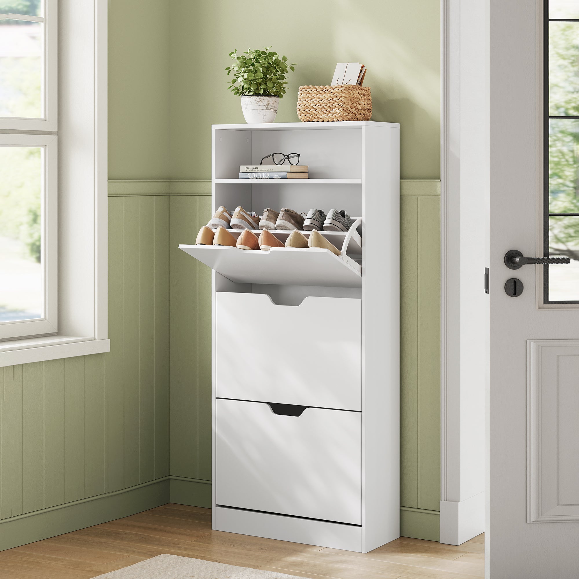 Meuble à Chaussures à 3 Abattants, avec Compartiment Ouvert et Séparateur Ajustable, pour 14 à 18 Paires, Entrée, 24,1 x 60,1 x 139,1 cm, Blanc - 3