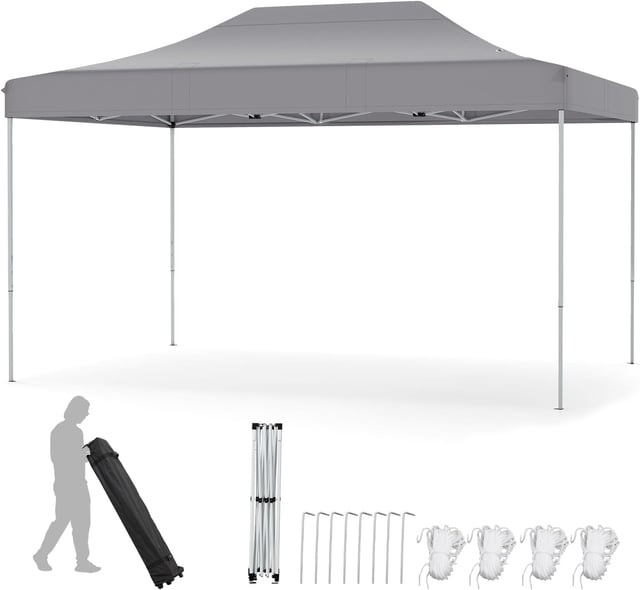 Gazebo da Giardino Pop-up Pieghevole 445 x 300 CM, Grande Tenda da Patio Impermeabile, Altezza Regolabile,da Trasporto e Ruote per Campeggio(Grigio)