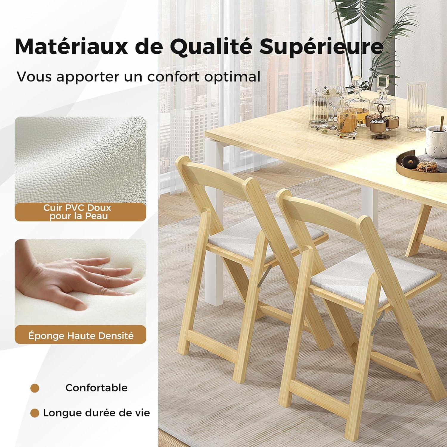 Set di 2 Sedie da Pranzo, Sedia da Cucina Pieghevole con Gambe in Legno di Gomma & Sedile Imbottito, Sedia Portatile per Matrimonio & Festa, N - 8