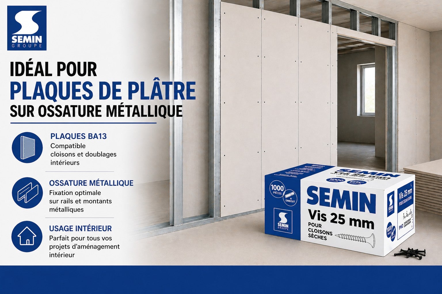 Vis auto perceuse Semin pour la fixation des plaques de plâtre sur l'ossature - intérieur - 25 mm x 3.5 mm - boîte de 1000 pièces - 4