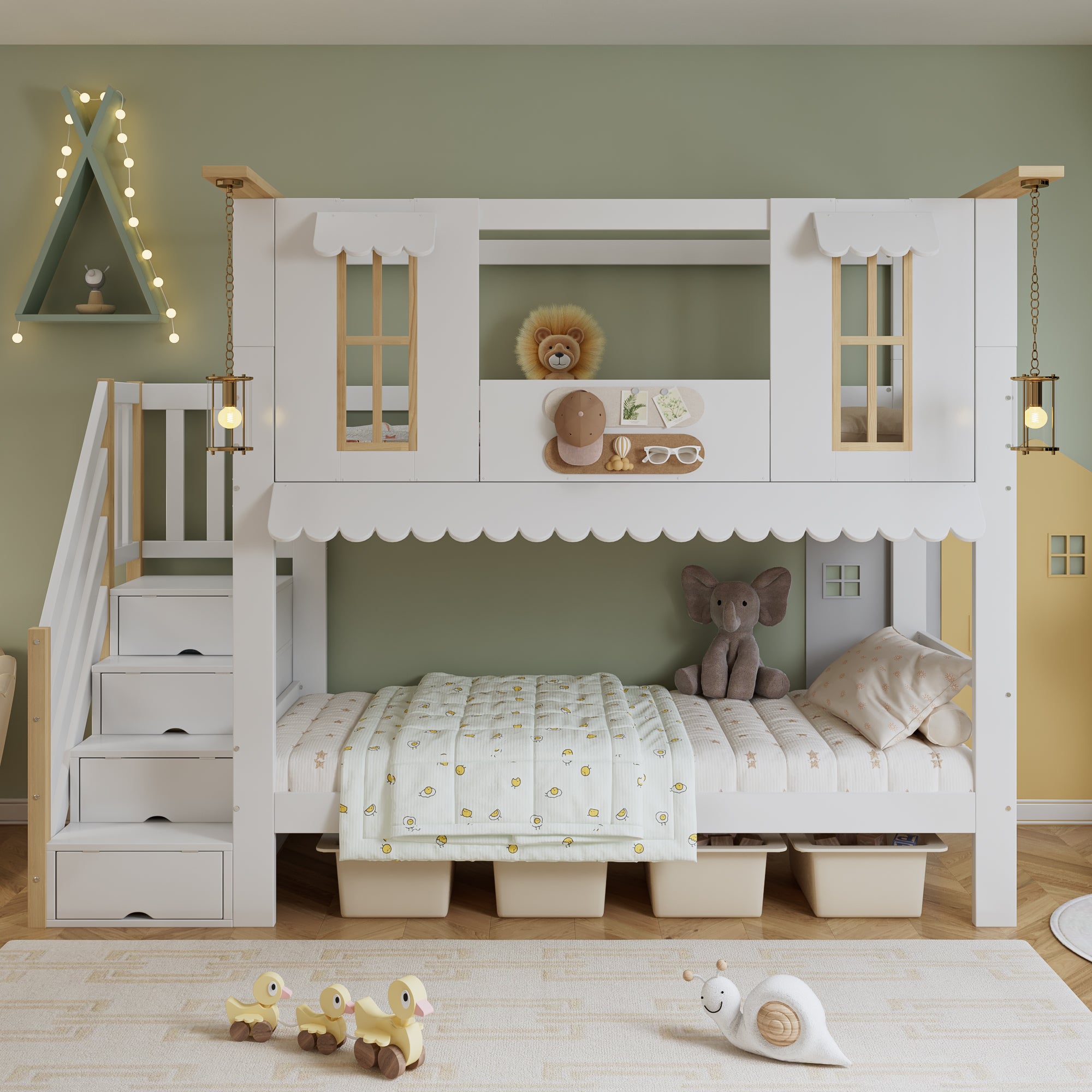 Łóżka piętrowe 2 x 90 x 200 cm z 4 drzwiami i 2 oknami - Sosna + MDF + sklejka - Białe i naturalne (Materace nie są wliczone w cenę) - 2