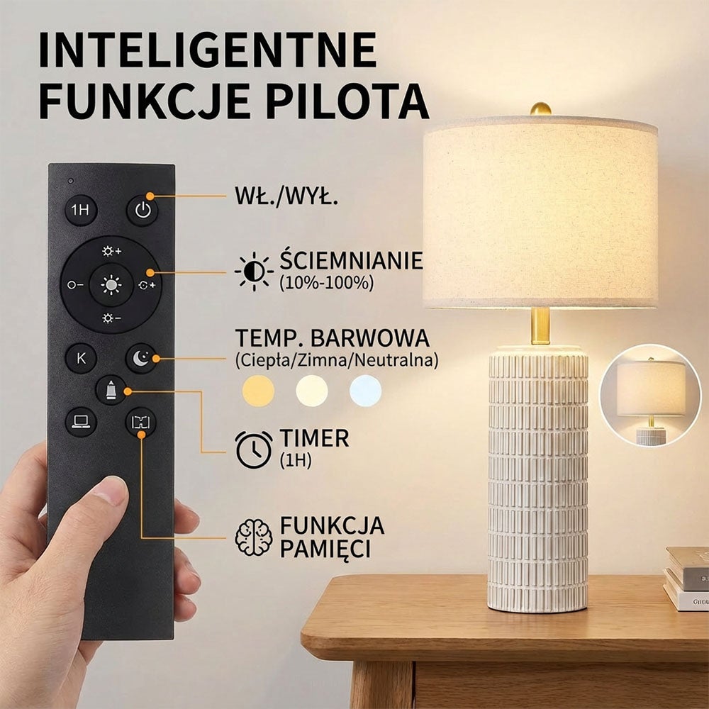 Zestaw 2 lamp stołowych ceramiki lampy stołowe pilot zdalnego sterowania i żarówka E27 do salonu,lampki nocne LED i lnianym kloszem dekoracji - 4