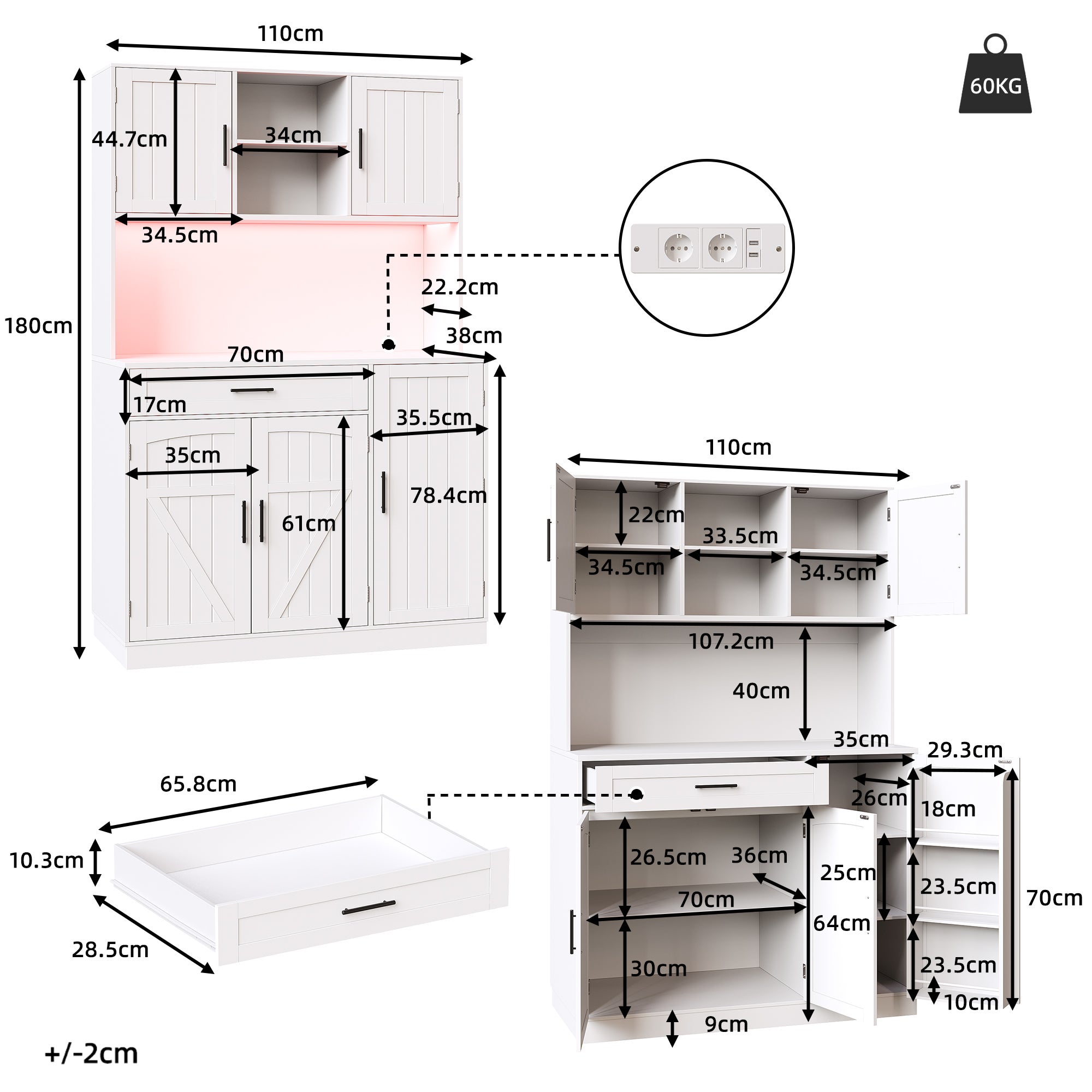 Kredens kuchenny z 5 drzwiami, 1 szufladą i 2 otwartymi przegrodami - 110 x 38 x 180 cm - diody LED i port ładowania - płyta MDF - biały - 6