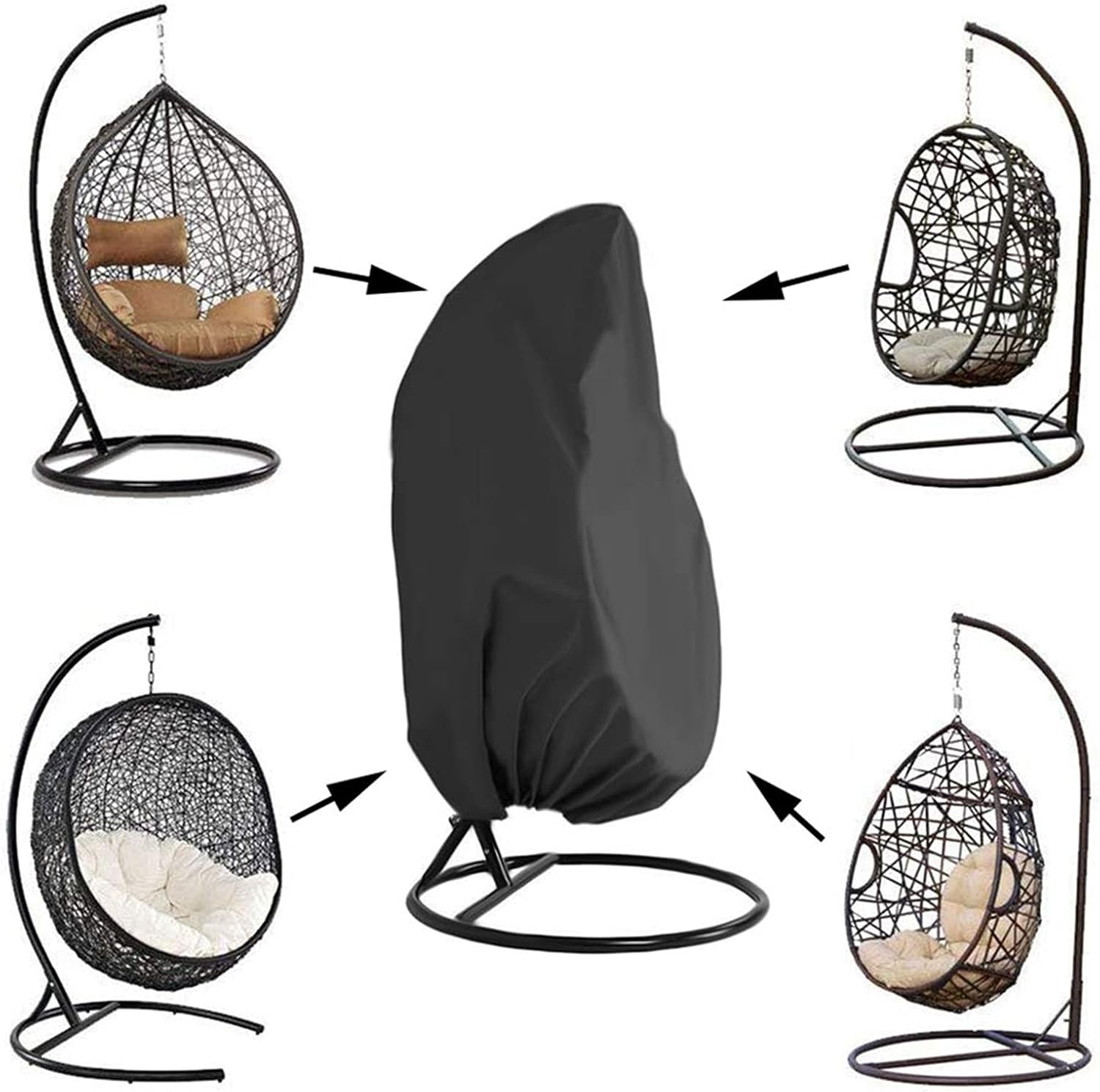 Pokrowiec na wiszący fotel ogrodowy z rattanu, wodoodporny, w kształcie jajka, odporny na kurz i plamy - 190 x 115 cm (czarny)