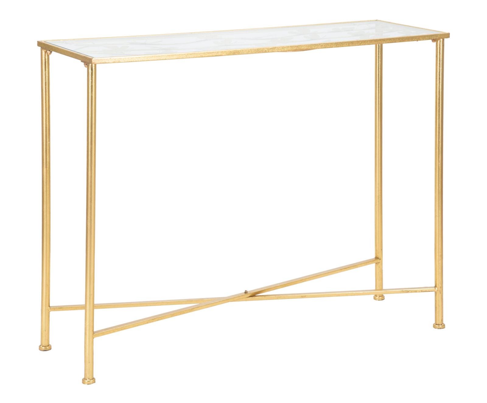 Złoty metalowy stolik konsolowy ze szklanym blatem i dekoracjami w kształcie motyli, elegancki design - 100x35x80 cm