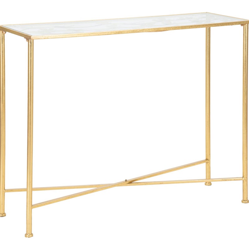 Złoty metalowy stolik konsolowy ze szklanym blatem i dekoracjami w kształcie motyli, elegancki design - 100x35x80 cm