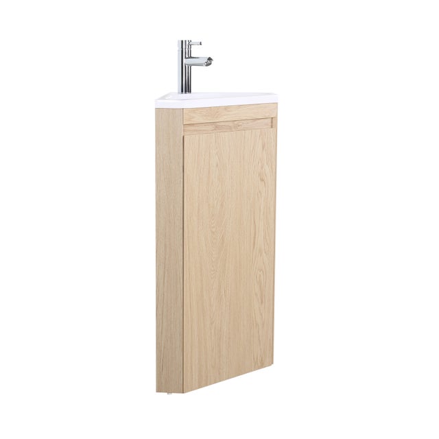 Lavabo D'angle Suspendu Avec Meuble - Blanc Or, Dimensions 38 Cm, Lavabo Céramique, Meuble Aluminium, Robinet Inclus