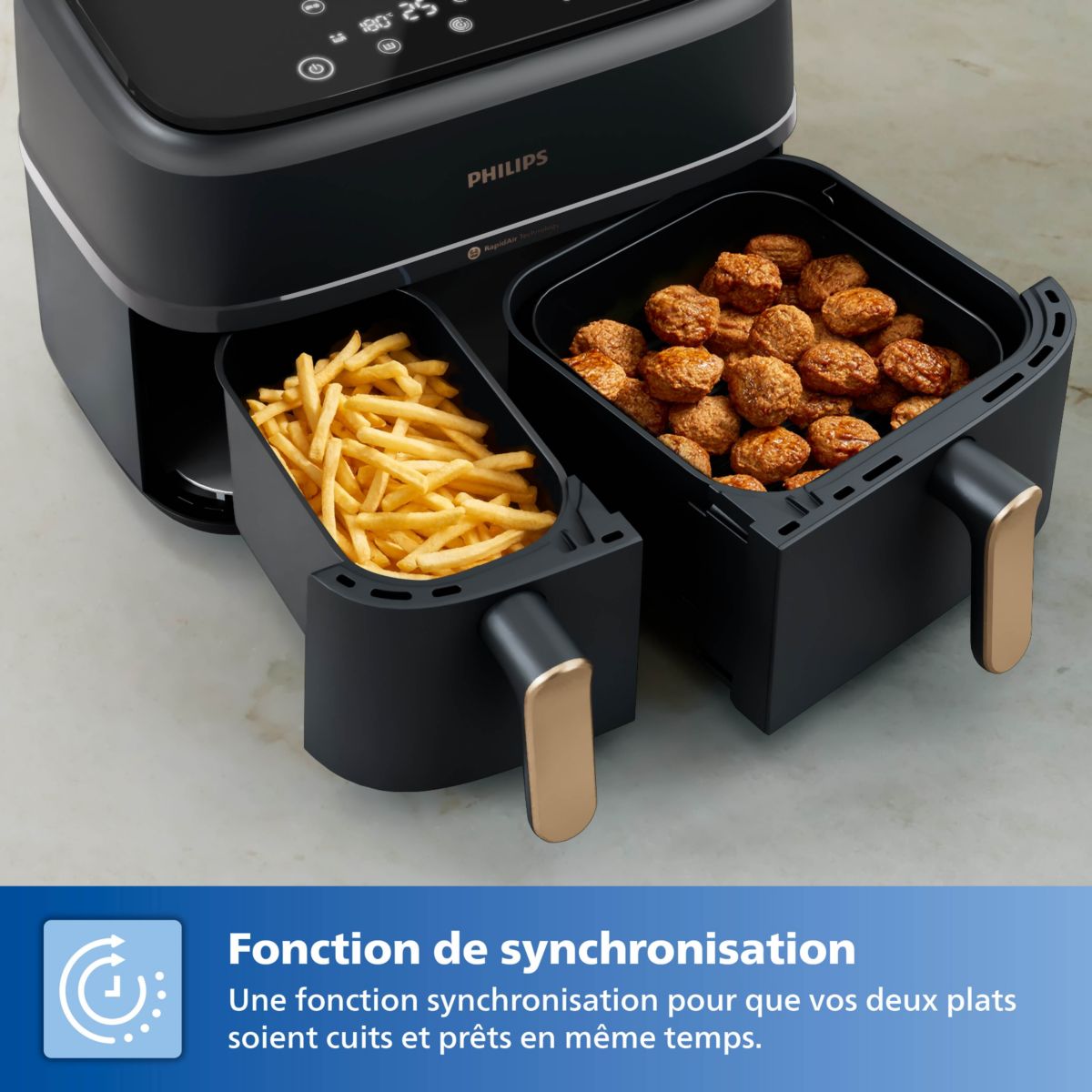 Airfryer PHILIPS NA352/00 Friteuse sans huile double panier Noir/Doré, Série 3000 9L (3+6L) - 5