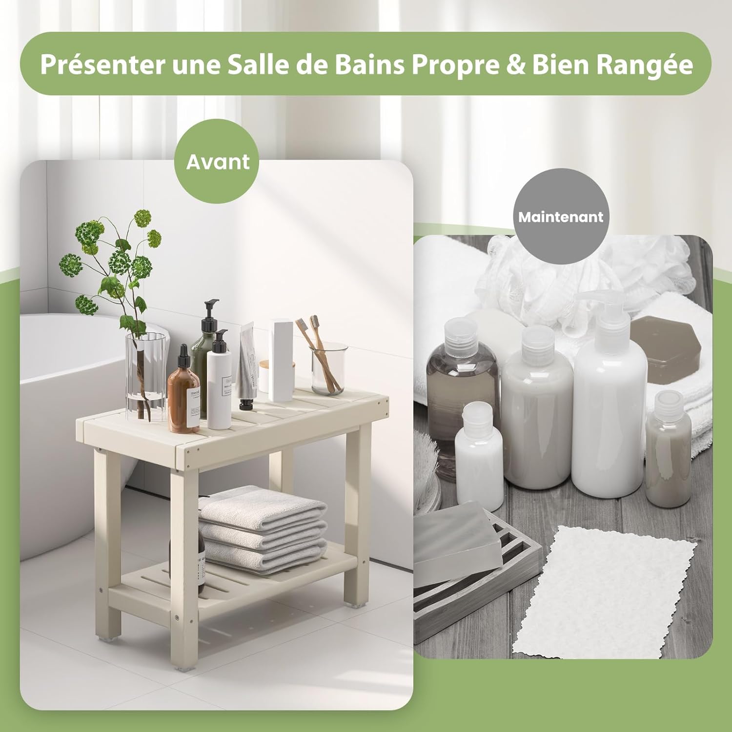 Banc de Douche à 2 Niveaux, Tabouret de Douche de Salle de Bain Étanche en HDPE avec Étagère de Rangement et Patins Antidérapants Our Baignade - 7