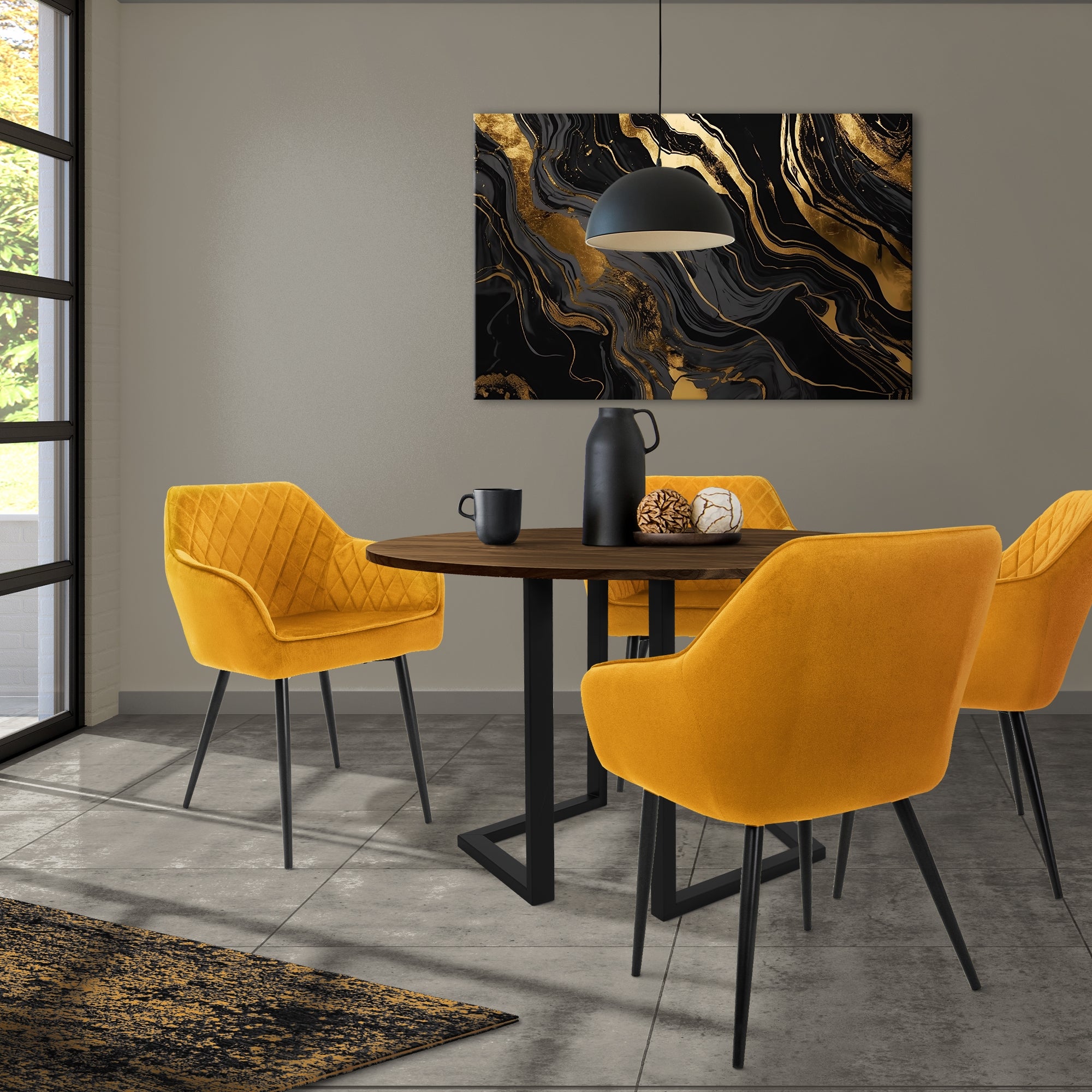 Chaises hautes velours pétrole et métal pour salle à manger