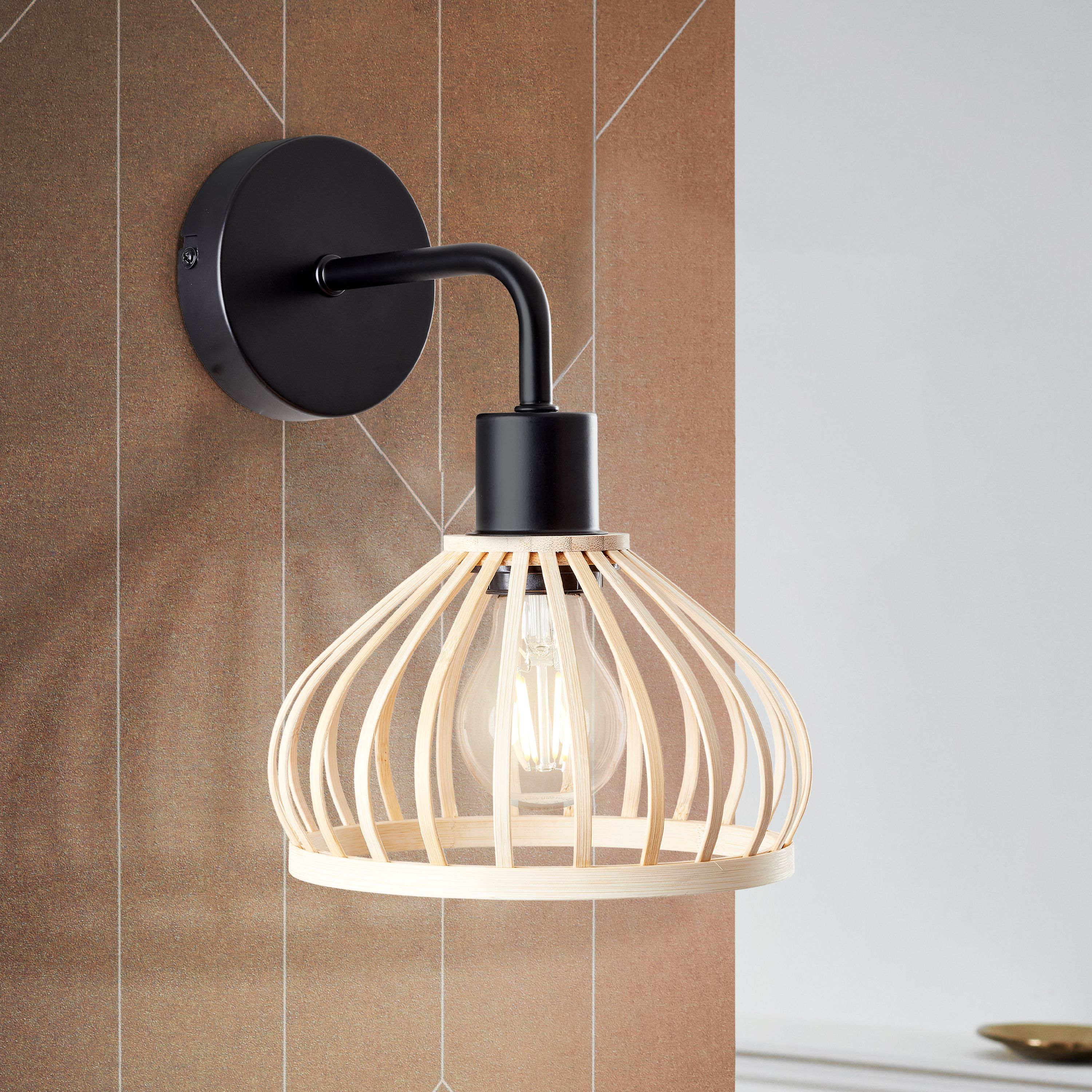 Lampa ścienna Brilliant Norah czarny/naturalny, metal/bambus, 1x A60, E27, 40 W - 2