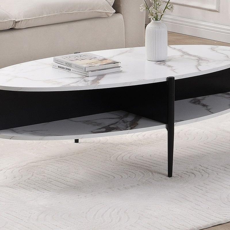 Stolik kawowy owalny z 4 wnękami z MDF i metalu - Efekt białego marmuru i czarny - EVARO