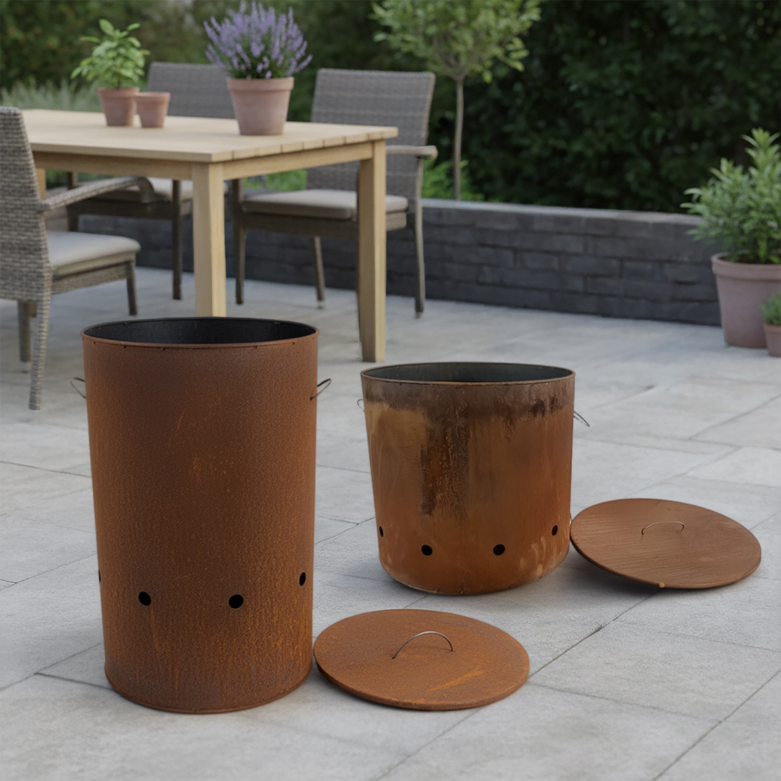 Braseiro de jardim industrial em aço Corten com tampa e efeito ferrugem, tamanho XL, 45 x 49,5 cm, castanho-avermelhado, Relaxdays - 3