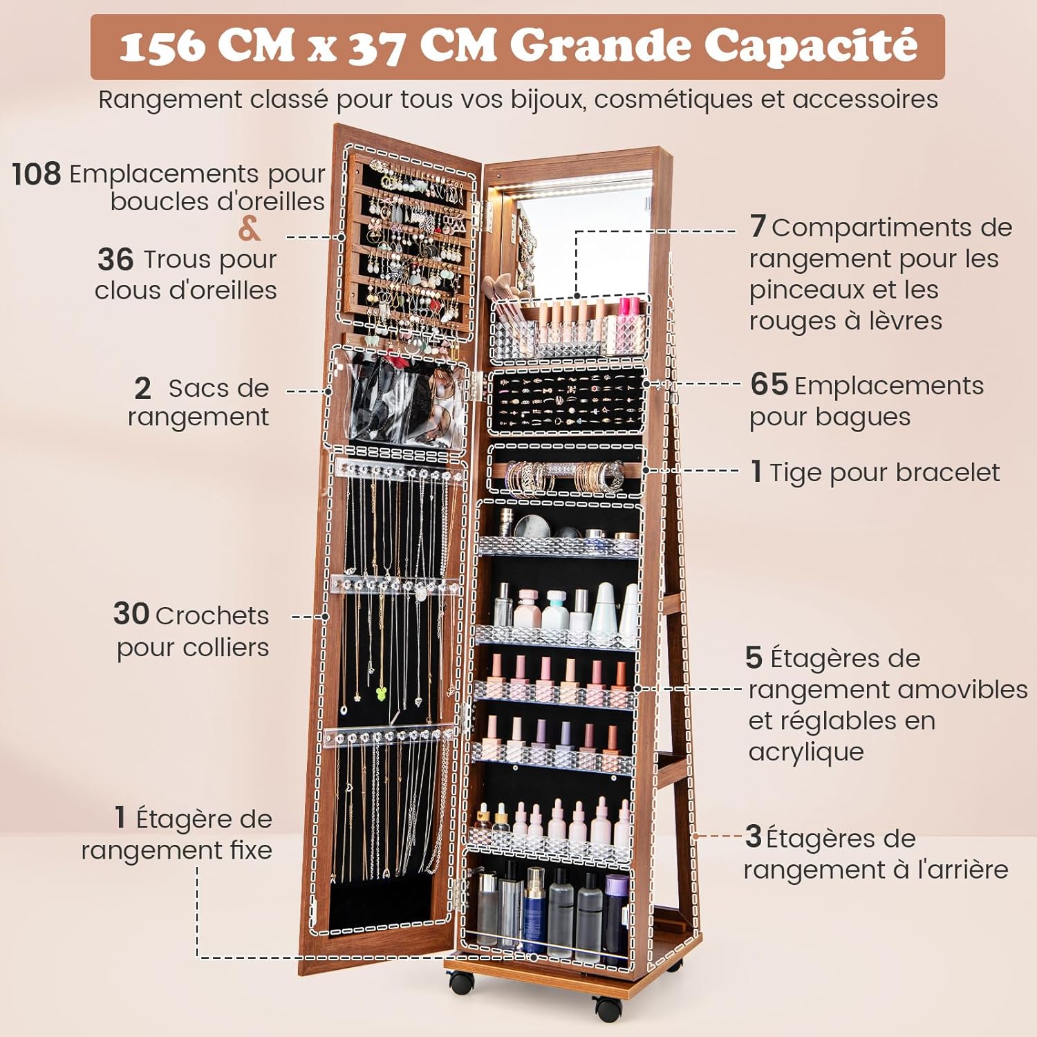 Armadio Portagioie con Ruote, Armadietto Portagioielli con Specchio a Luci 3 Colori, Specchio Portagioie con Ripiani Regolabili, Organizzatore - 4