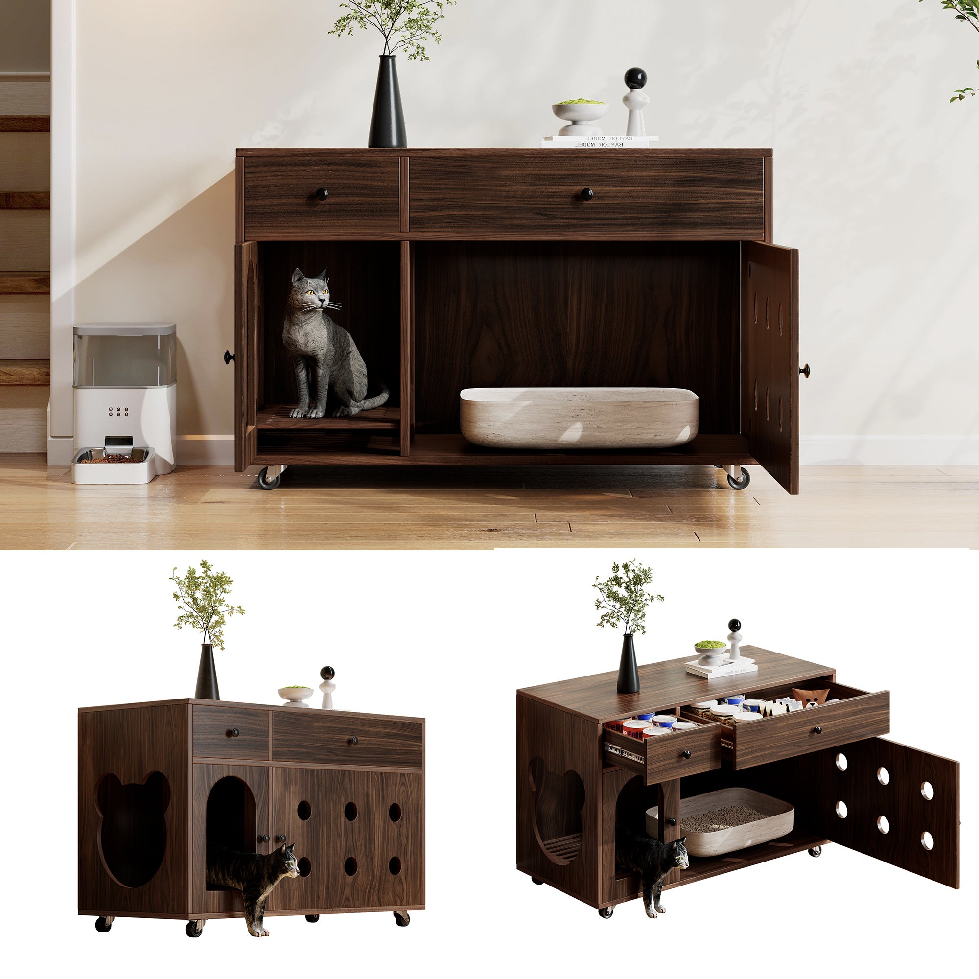 Caixa de areia móvel para gatos com 2 gavetas e 1 porta - 100 x 45 x 66 cm - MDF - Nogueira - 3