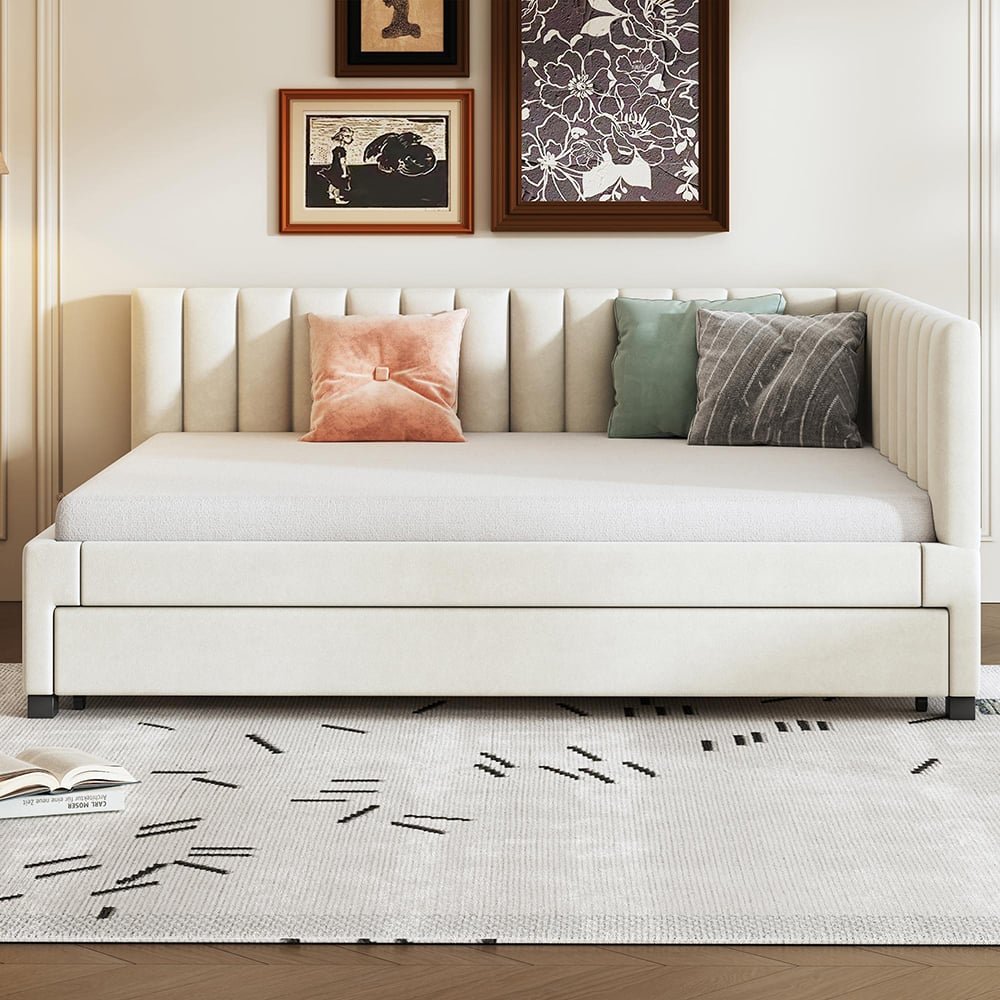 Łóżko tapicerowane 140*200, rozkładana sofa, wielofunkcyjne łóżko z listwową podstawą, beżowy aksamitny materiał