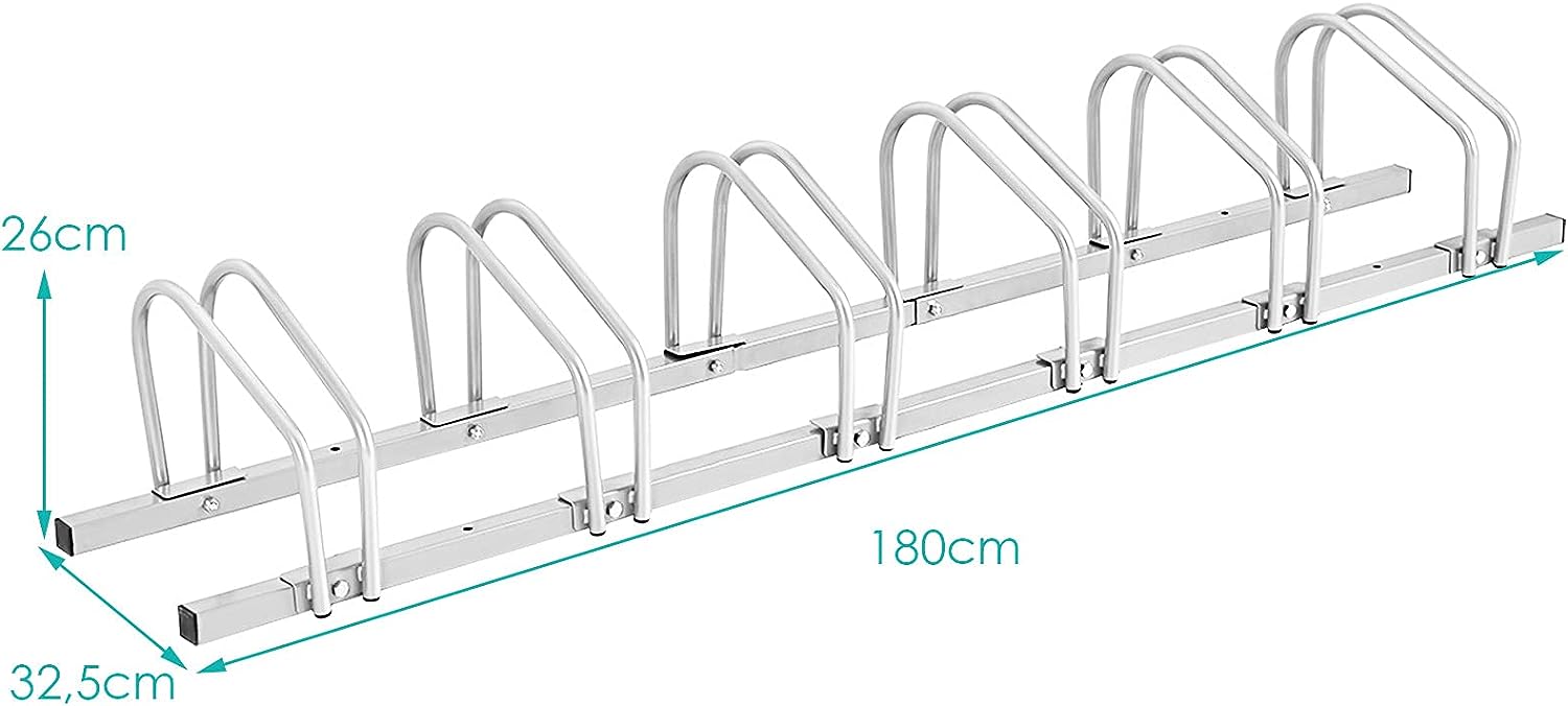 Râtelier 6 Vélos en Acier Revêtu Fixation au Sol ou Mur, Résistant aux Intempéries, 180x33x26 cm, pour VTT, Vélo de Course, Vélo d’Enfant, Argent - 4