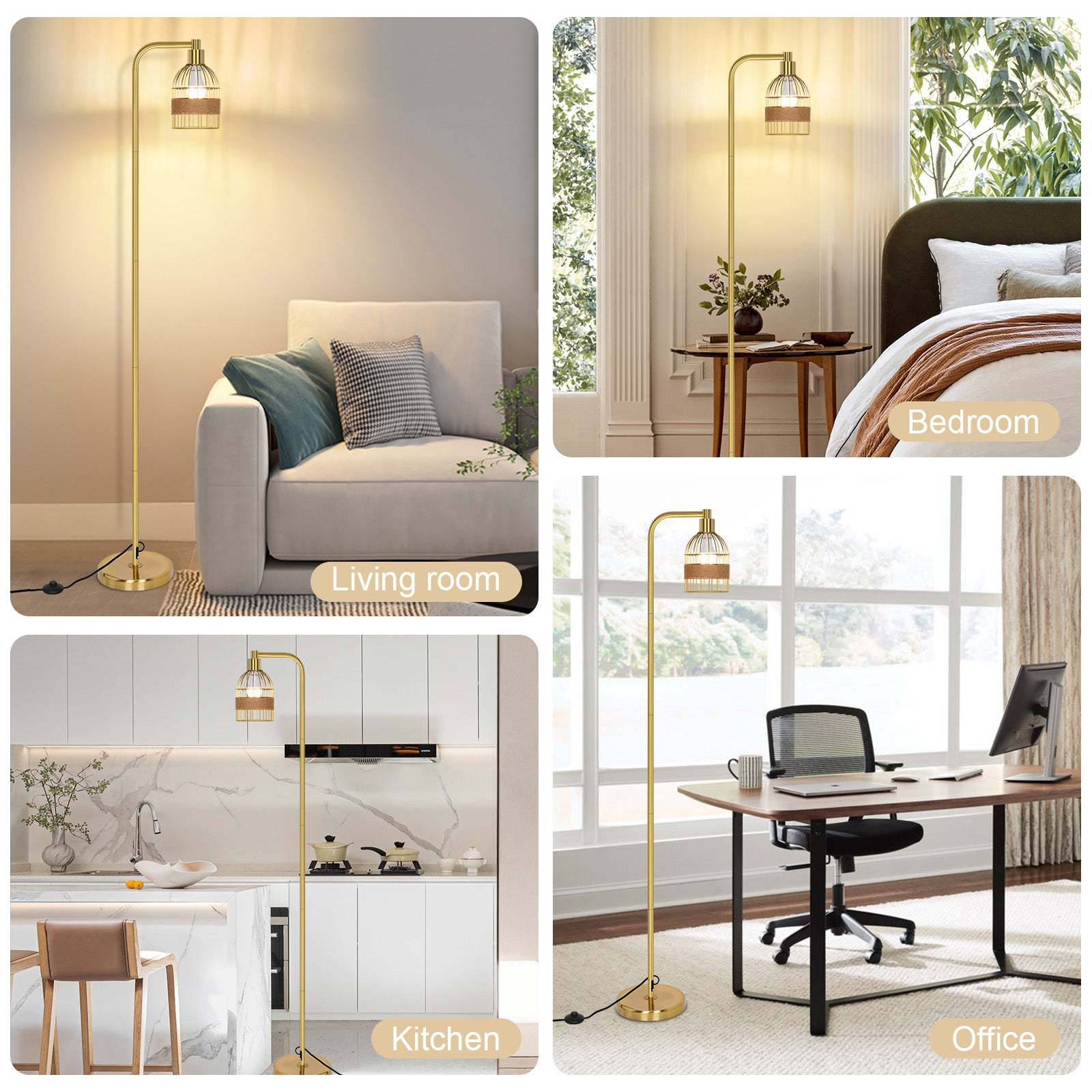 Lampadaire doré industriel – 170 cm, lampadaire sur pied design avec abat-jour en rotin, télécommande & variateur LED pour salon - 7