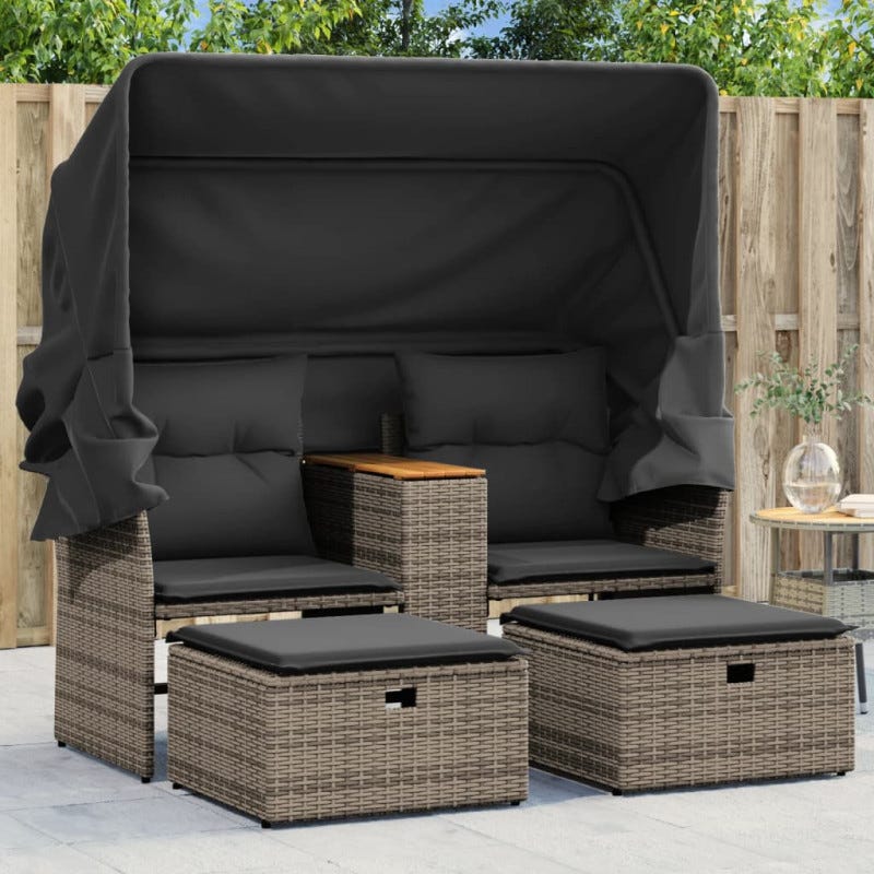 Conjunto Comedor Jardín Ratán 9 Piezas Gris - Mesa, 6 Sillas, 4 Taburetes Y Cojines, Exterior Resistente