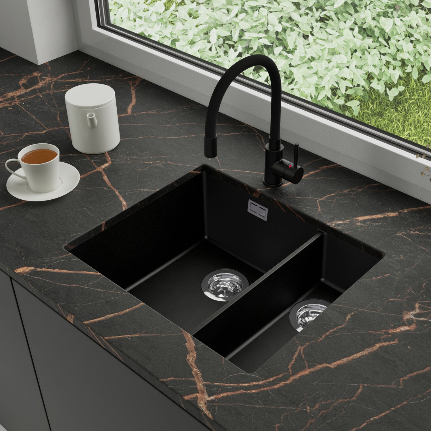 Zlewozmywak podblatowy 56x47cm, do szafki od 60cm + Bateria + Syfon - Agate Czarny STONESTYLE