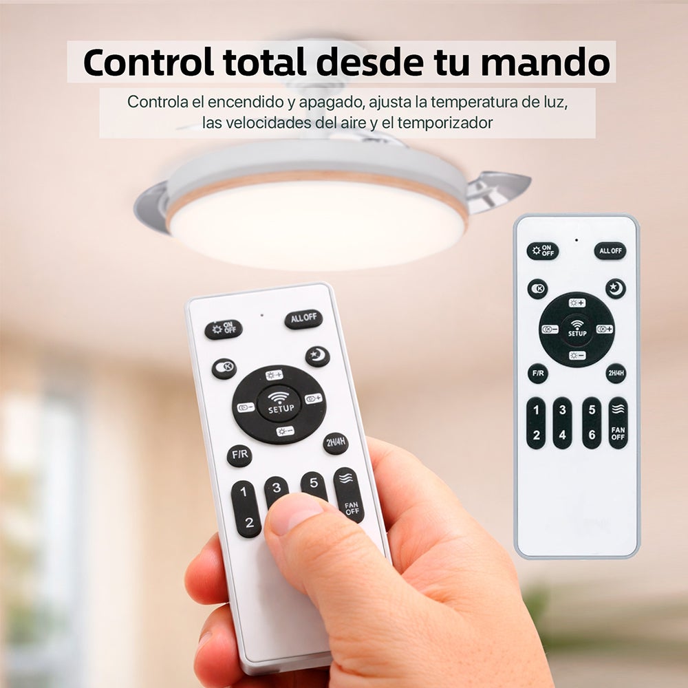 Ventilateur de plafond avec lumière LED rétractable 106 cm, 3 pales, puissance totale 72W, sans application, avec télécommande, programmateur - 4