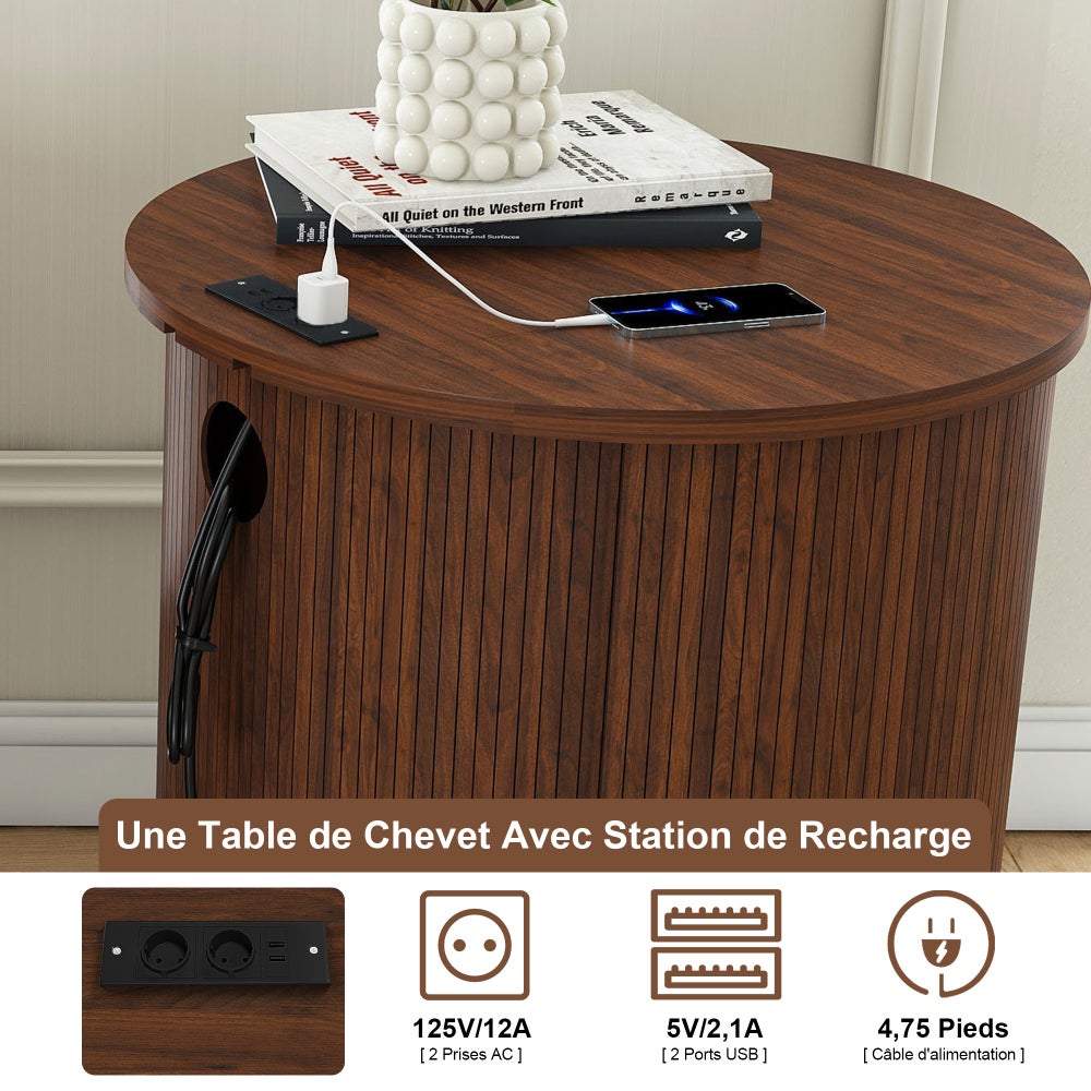 Table de Chevet Cylindrique Mid-Century avec Station de Charge (Prise + 2 USB), Porte Coulissante et Rangement - 9