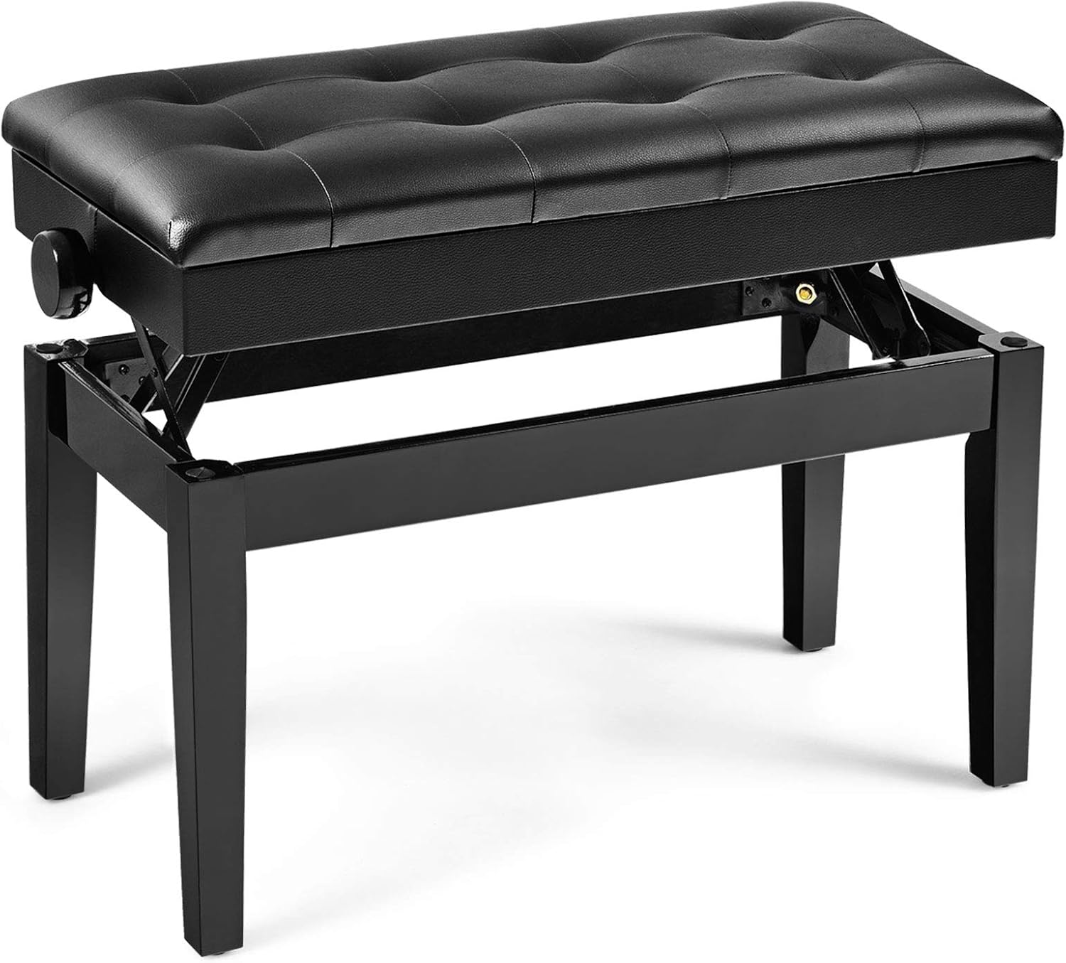 45-54 cm Ławka do Fortepianu z Regulowaną Wysokością, 2 Miejsca, z Litego Drewna, z Miękką Skórzaną Poduszką, Przechowywania, 75x35x45-54 cm, Czarna