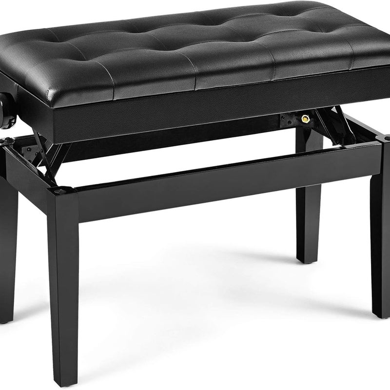 45-54 cm Ławka do Fortepianu z Regulowaną Wysokością, 2 Miejsca, z Litego Drewna, z Miękką Skórzaną Poduszką, Przechowywania, 75x35x45-54 cm, Czarna