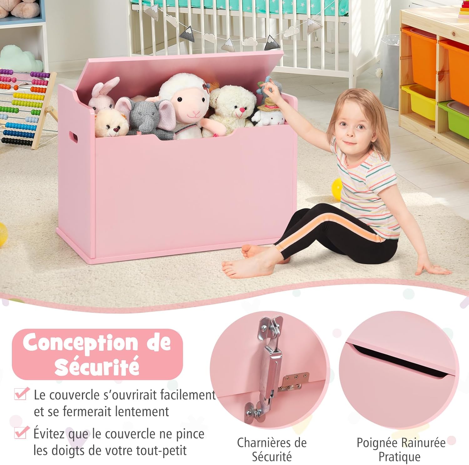 Coffre à jeu en Bois, 4 en 1 Coffre de Rangement avec Banc d'Assise, Couvercle Rabattable, Poignées Latérales, Banc de Rangement (Rose) - 5