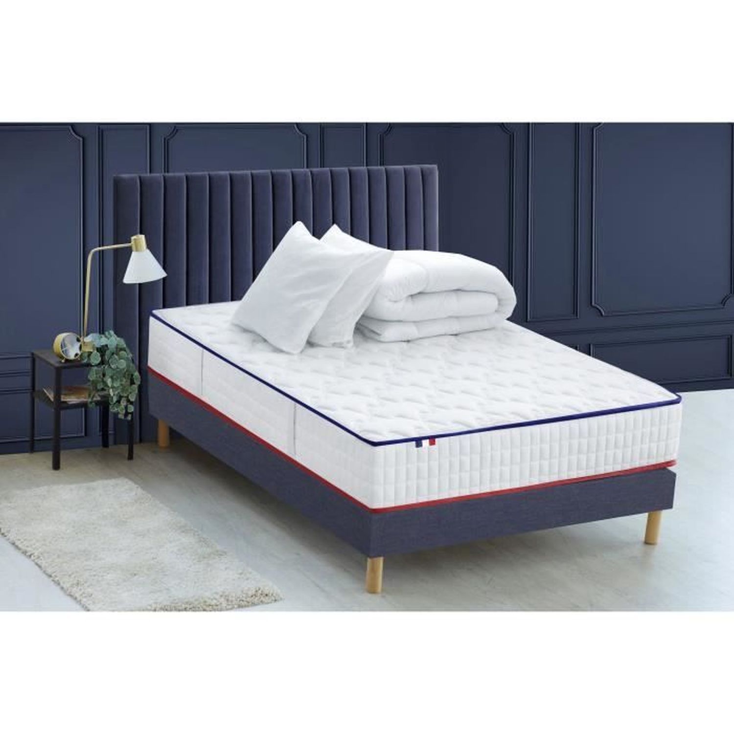 Confort design pack completo colchón muelles 700 + somier azul denim + edredón + 2 almohadas 160x200cm chantilly