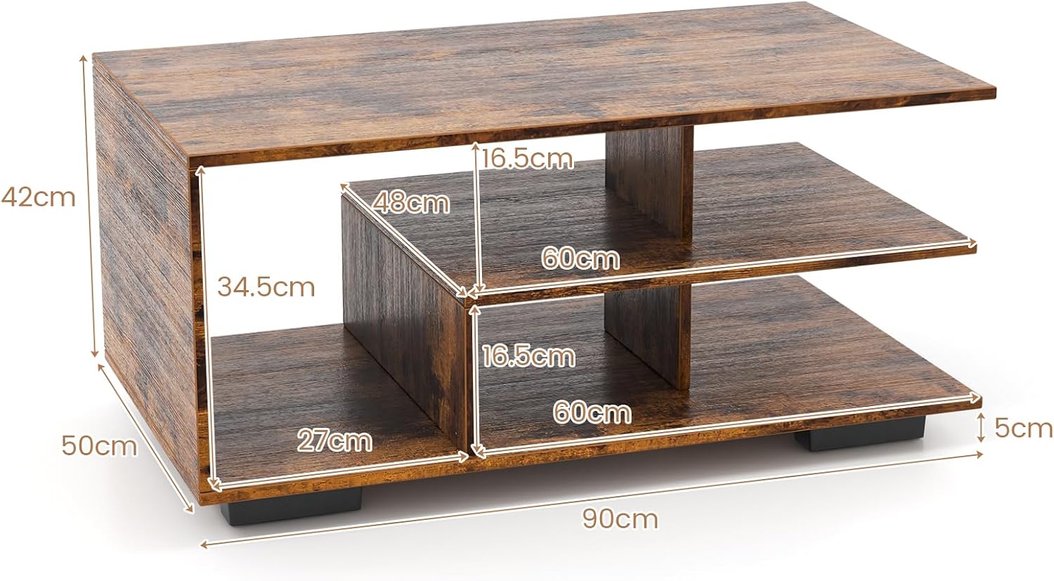 Table Basse avec Rangement, Table Basse Salon avec Etagères, Design Géométrique en L, Grand Compartiment, 90 x 50 x 42 cm (Marron Rustique) - 3