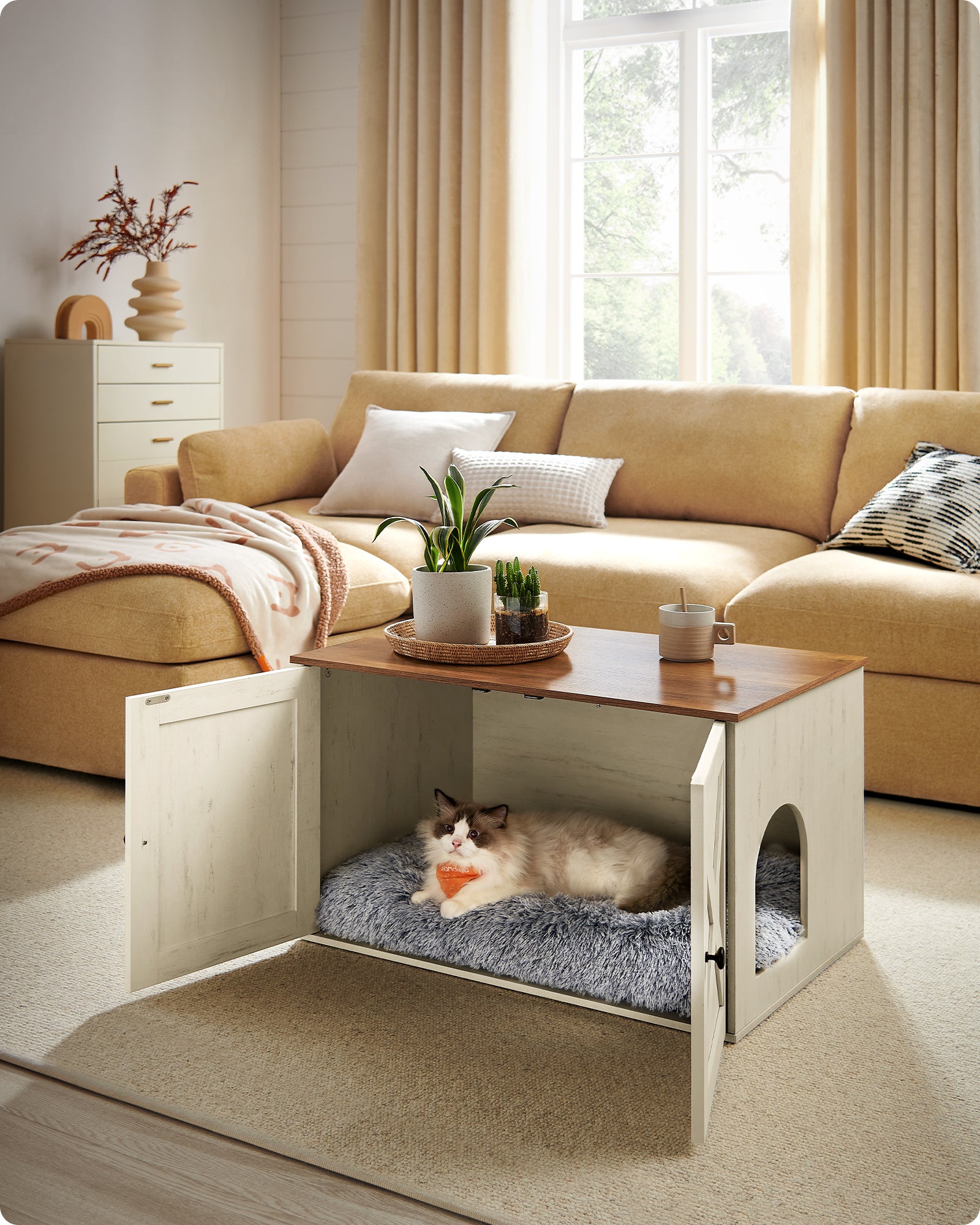 Maison de Toilettes pour Chat, Niche, Meuble Litière Chat, Table Basse, 80 x 53 x 50 cm, Marron Miel et Blanc Rustique - 2