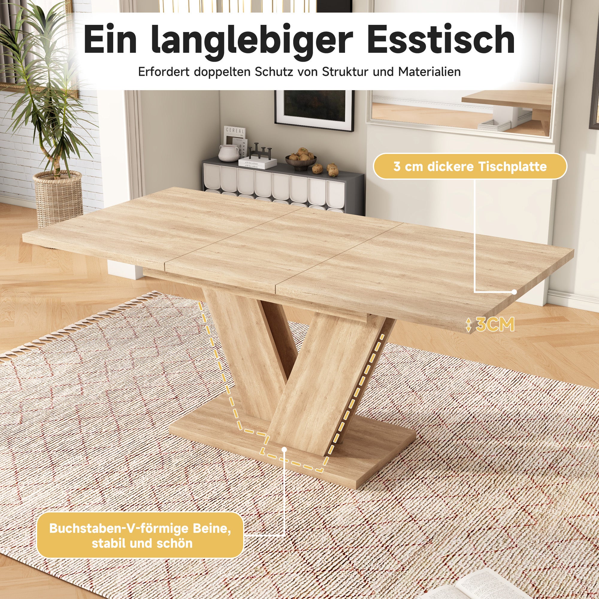 Table à manger extensible 140-180x80 cm pour 4-8 personnes -style minimaliste et Pieds Design en V - design fonctionnel pour salle à manger - Chêne - 6
