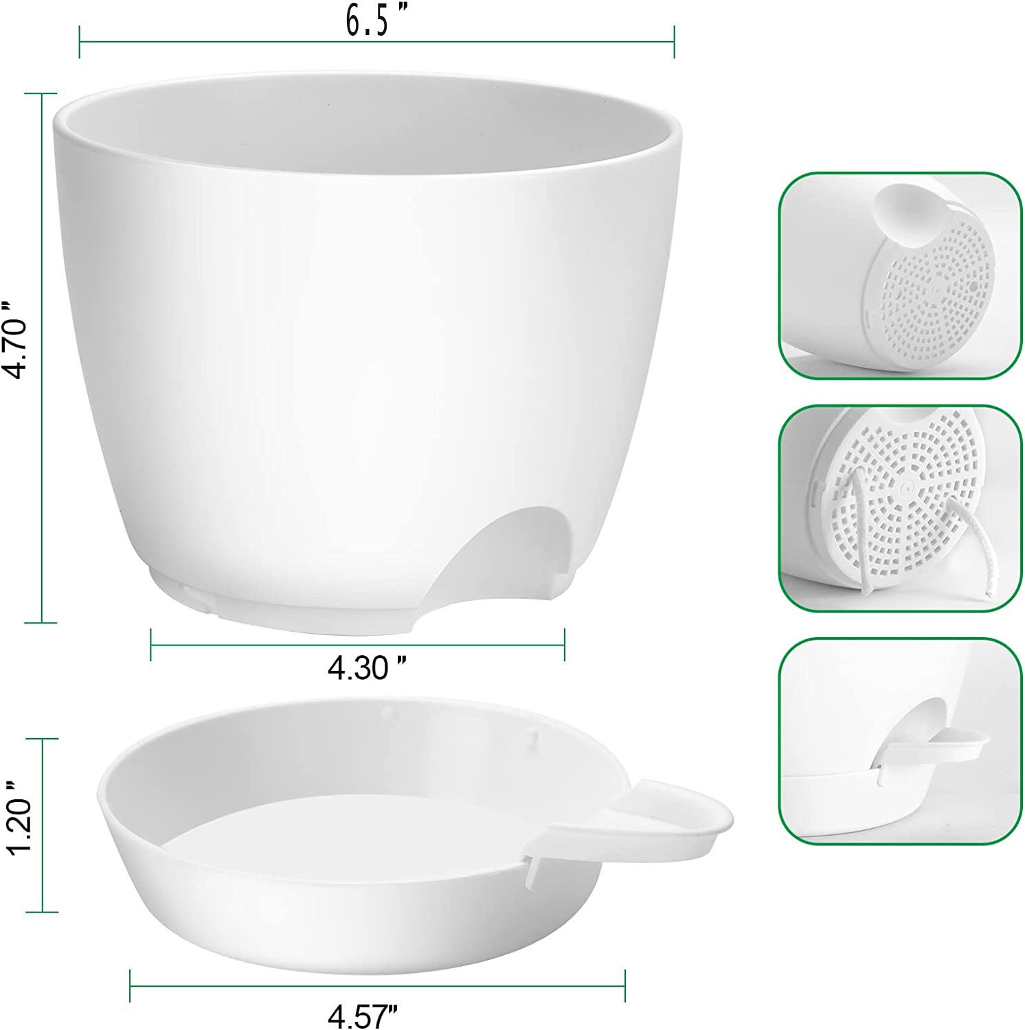 Pots à arrosage automatique de 6,5 pouces avec trous de drainage, 3 pots de fleurs en plastique pour plantes d'intérieur - 4
