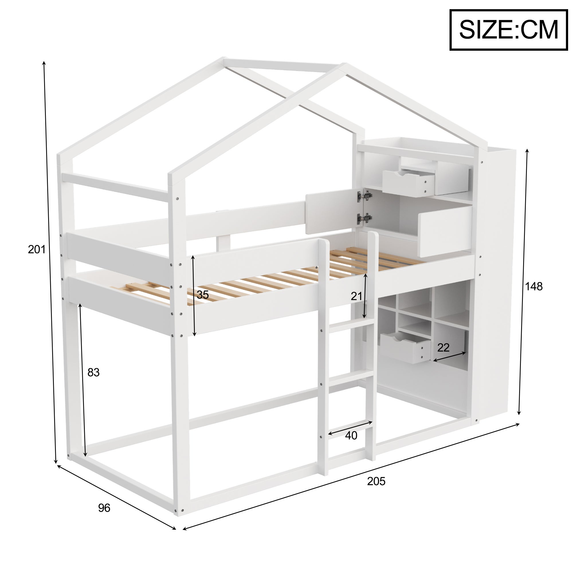 Łóżko piętrowe 90 x 200 cm z 2 szufladami, 2 drzwiami i przegródkami - Sosna + sklejka + MDF - Białe (Materac nie jest wliczony w cenę) - 6