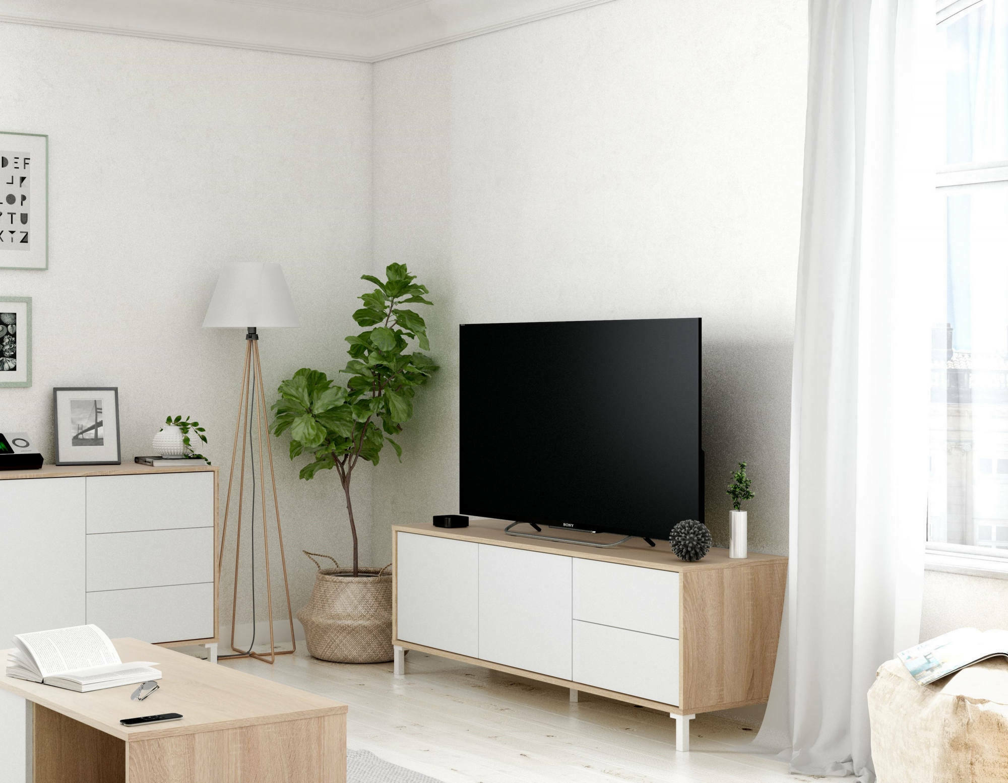 Meuble TV Cary, Buffet pour télévision avec 2 portes, Meuble TV de