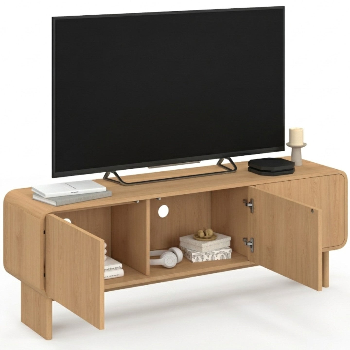 Meuble TV 140 cm CAPUCINE 3 portes façon hêtre design arrondi - 4