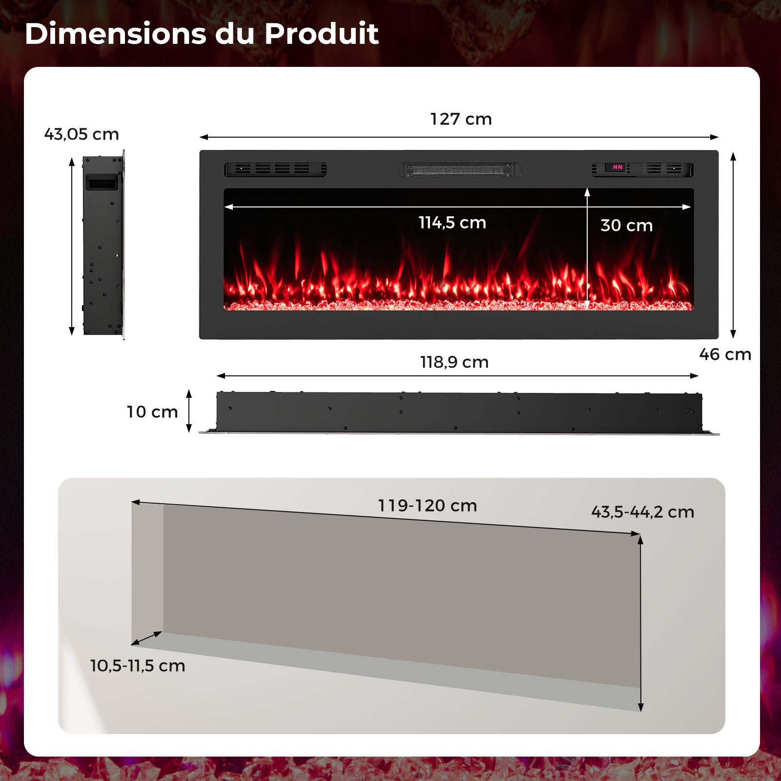 127cm Cheminée Électrique avec Chauffage 750W/1500W | Cheminee Decorative avec Effet Flamme LED | 12 Couleurs | 5 Luminosités | 5 Vitesses - 4