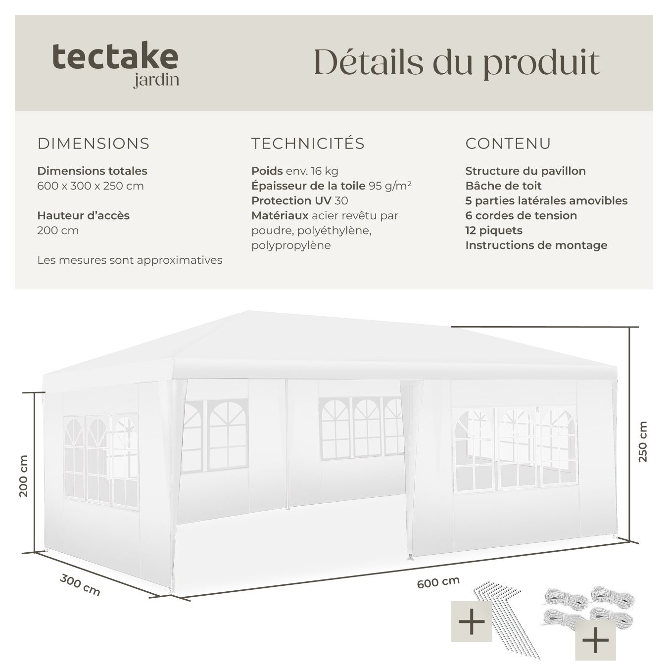 Pavillon imperméable en polyéthylène et acier 6x3 m avec 5 faces latérales amovibles protection UV TECTAKE - 6