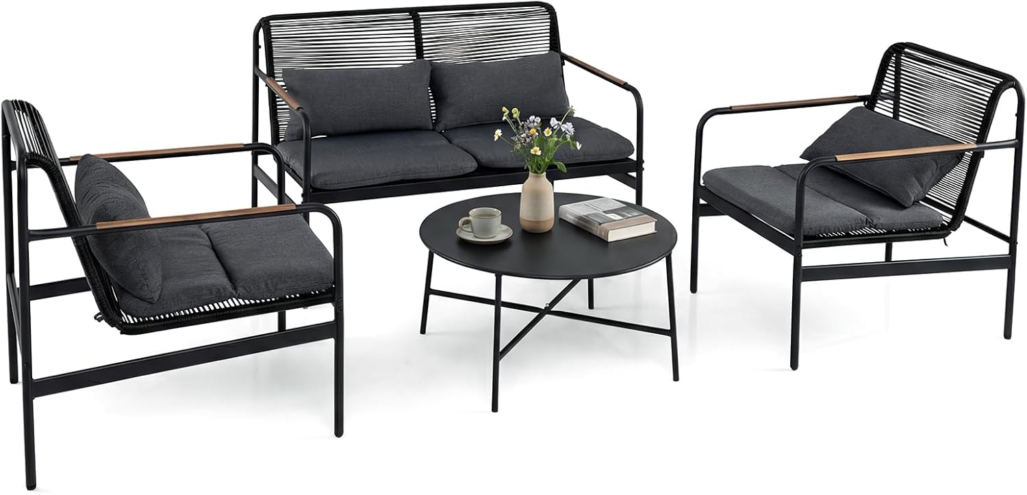 GIANTEX ansamblu de mobilier exterior 4 piese, Salon de grădină Structură metalică cu perne, ansamblu de conversație din rotin PE