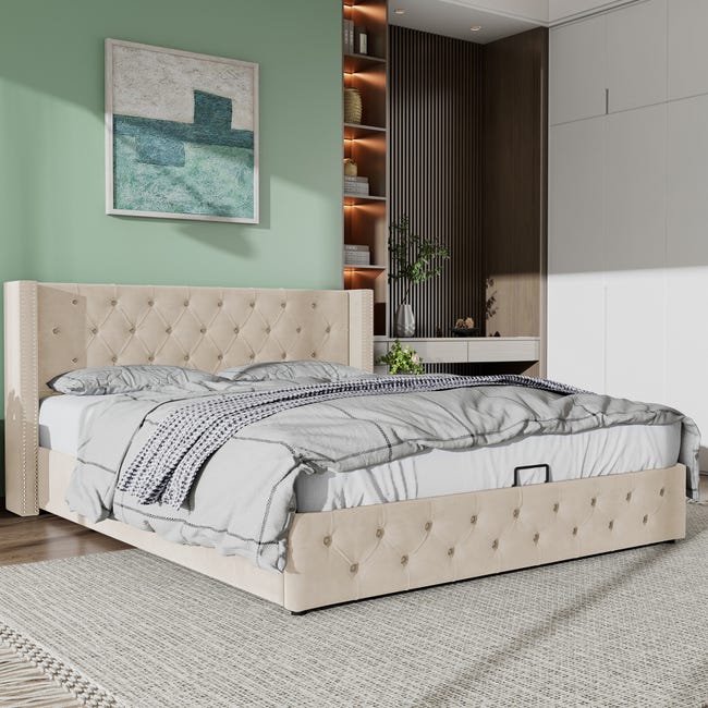 Lit Coffre 140x200 cm ,Lit Double Capitonné avec Espace de Rangement ,Sans Matelas ,Revêtement Velours ,Beige | Leroy Merlin Lit Coffre 140x200 cm ,Lit Double Capitonné avec Espace de Rangement ,Sans Matelas ,Revêtement Velours ,Beige | Leroy Merlin