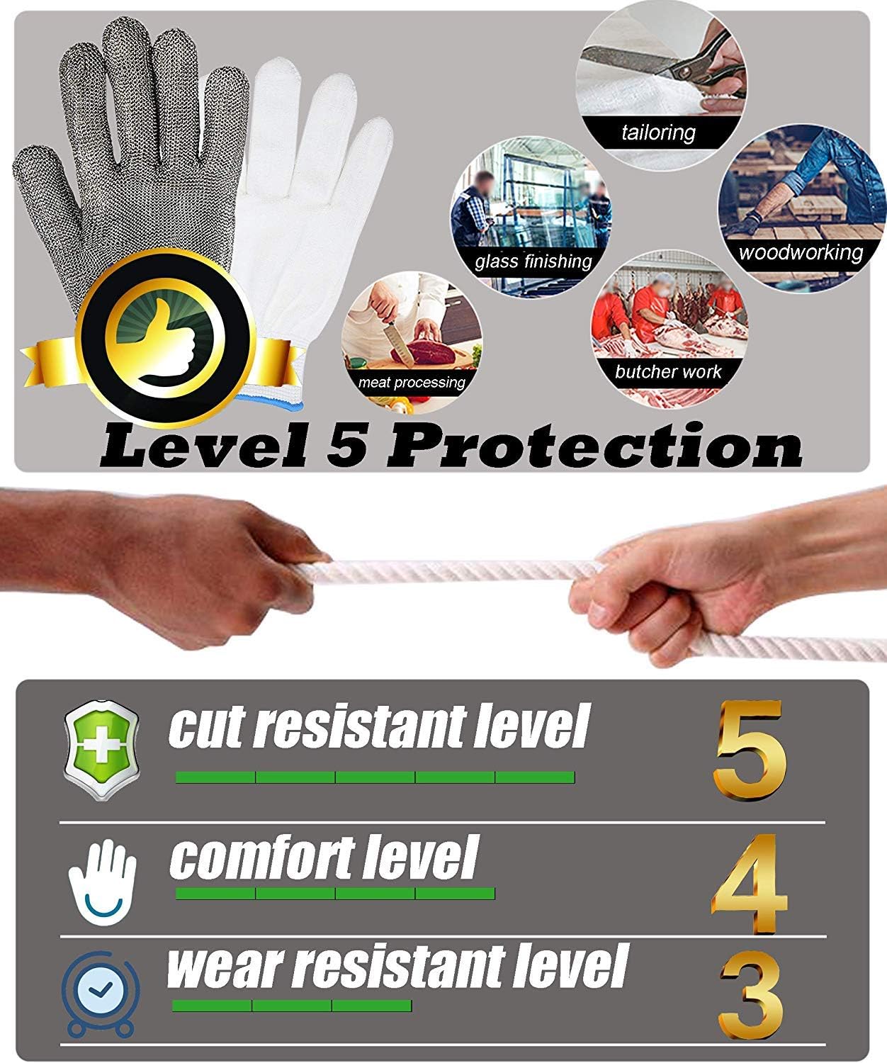 Gants de protection pour la découpe, le hachoir et le traitement de la viande, en acier inoxydable résistant aux coupures L (un gant) - 8